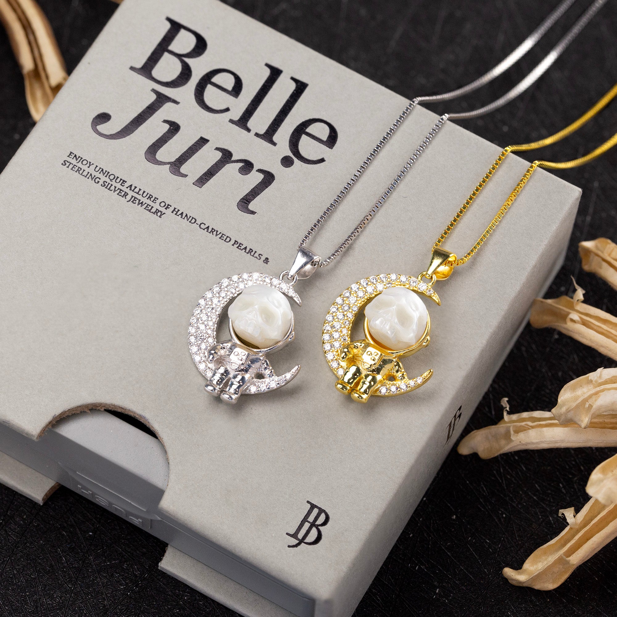 Moon Astronaut Spaceman Cranium Pearl Necklace