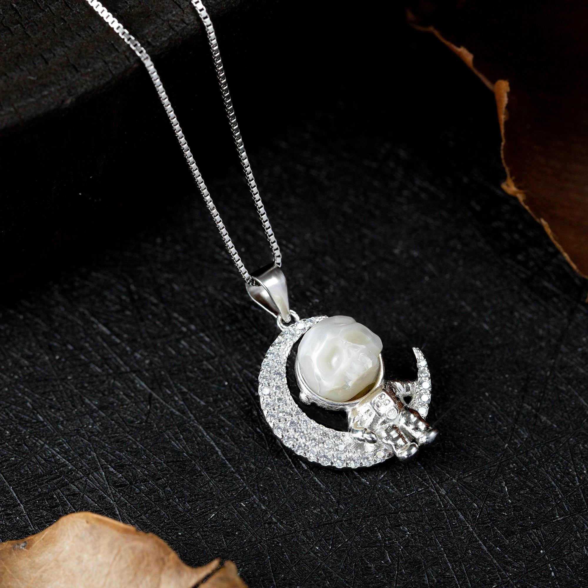 Moon Astronaut Spaceman Cranium Pearl Necklace