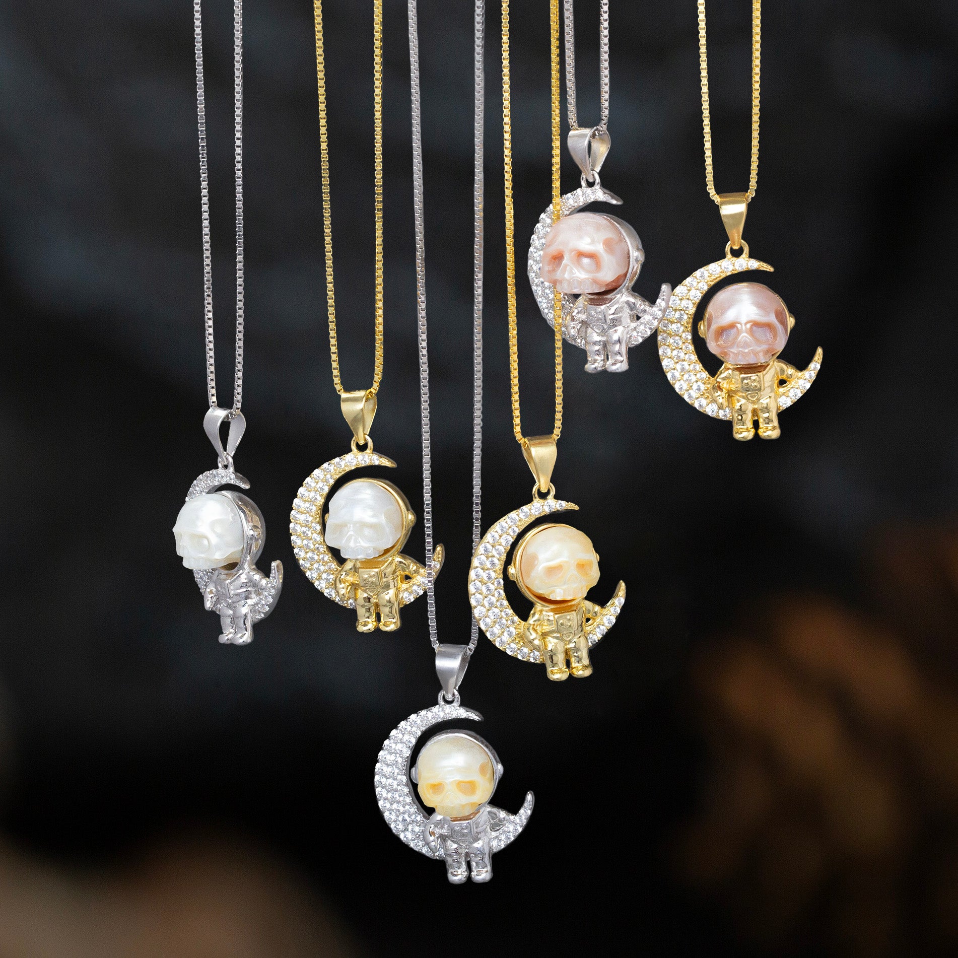 Moon Astronaut Spaceman Cranium Pearl Necklace
