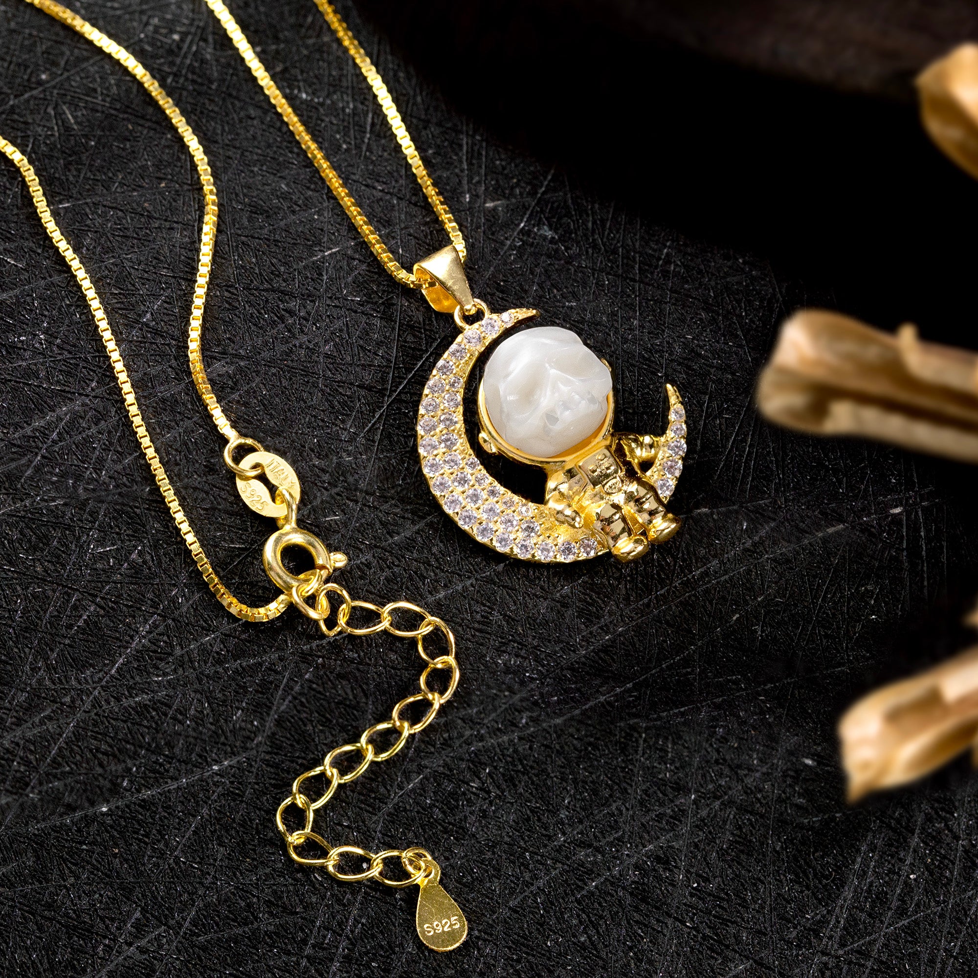 Moon Astronaut Spaceman Cranium Pearl Necklace