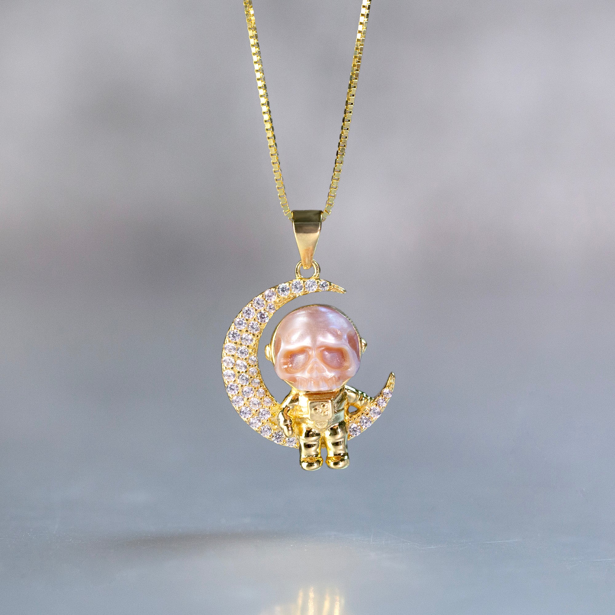 Moon Astronaut Spaceman Cranium Pearl Necklace