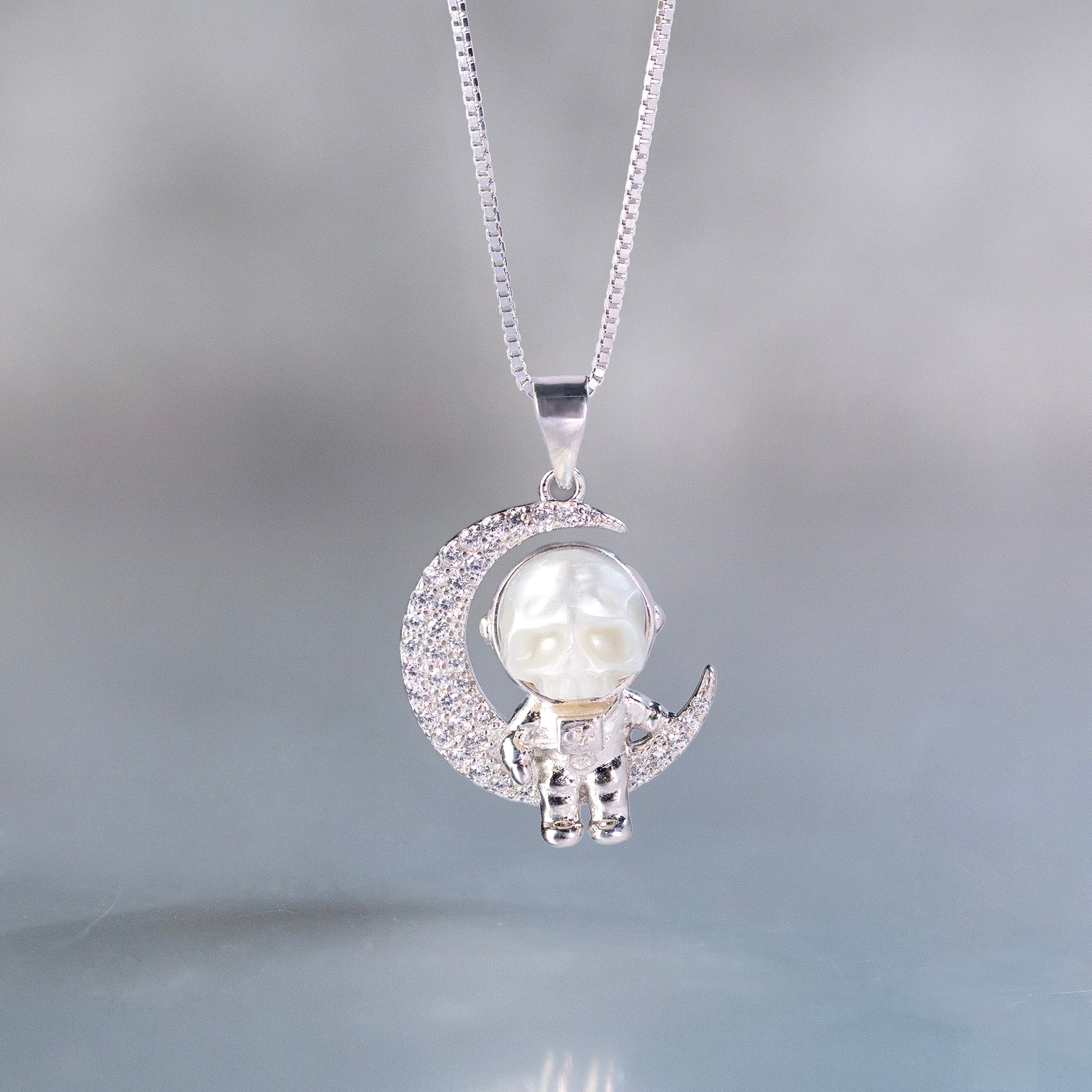 Moon Astronaut Spaceman Cranium Pearl Necklace
