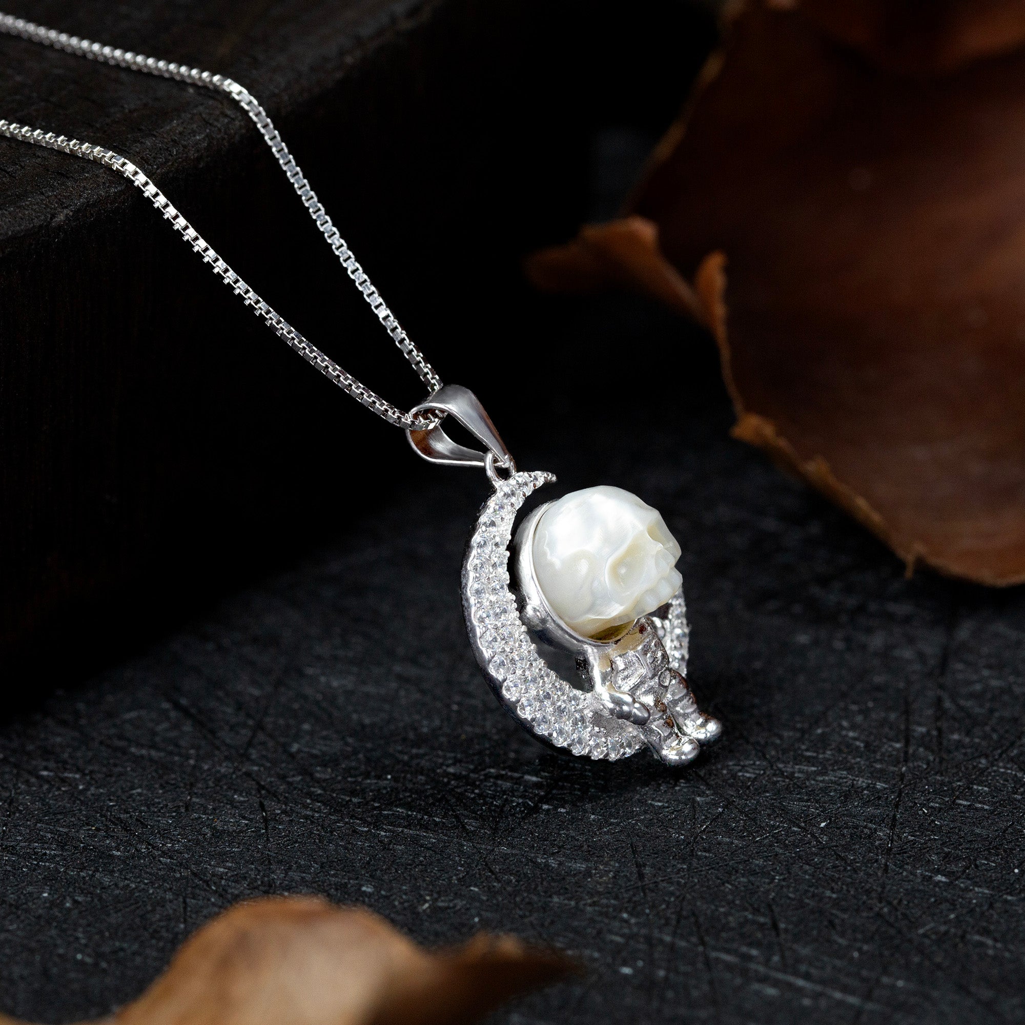 Moon Astronaut Spaceman Cranium Pearl Necklace