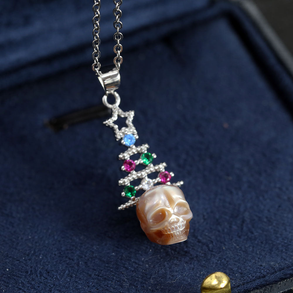 Mehrfarbige Zirkon-Christbaumperlen-Totenkopf-Halskette