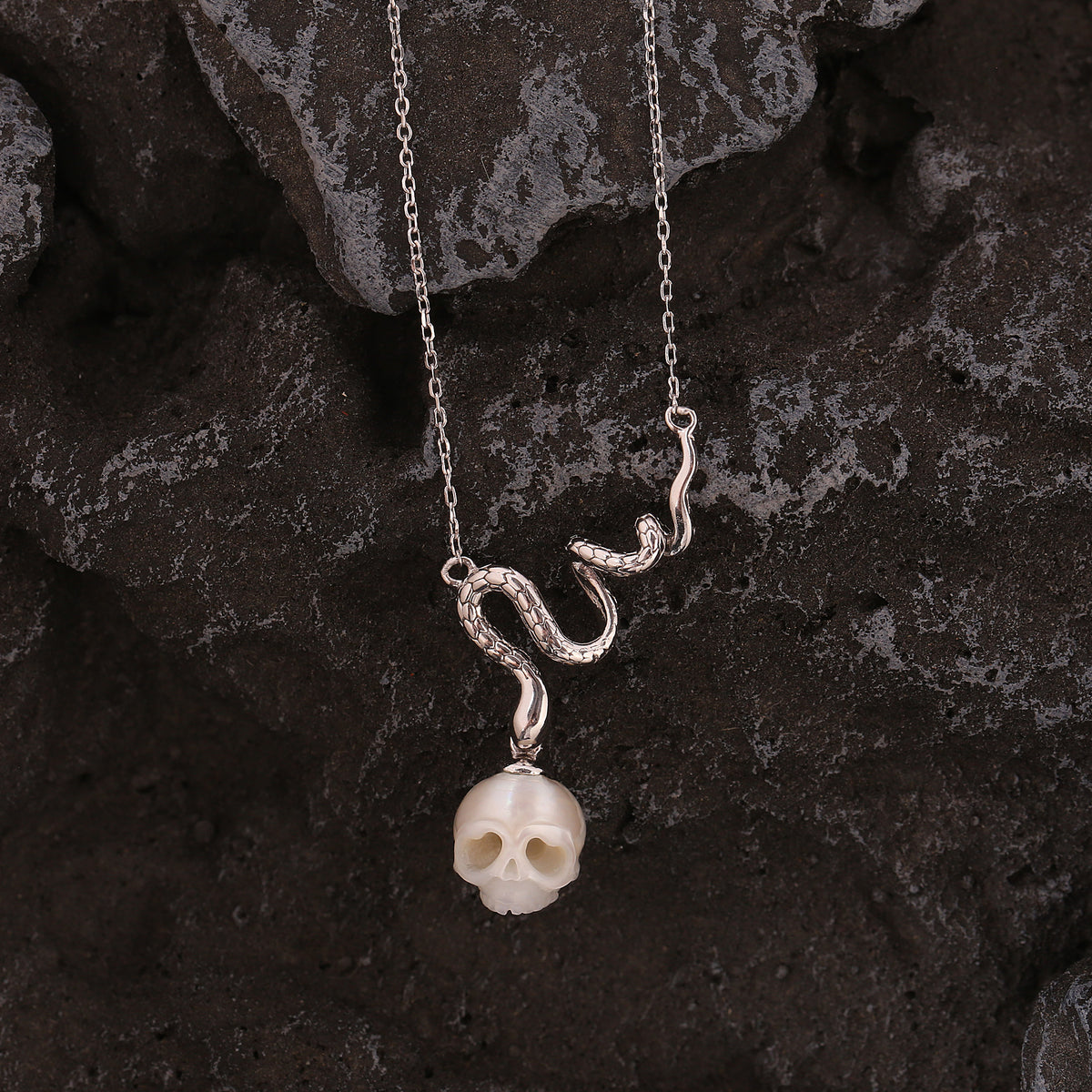 Mystic Snake Carved Pearl Cranium Necklace