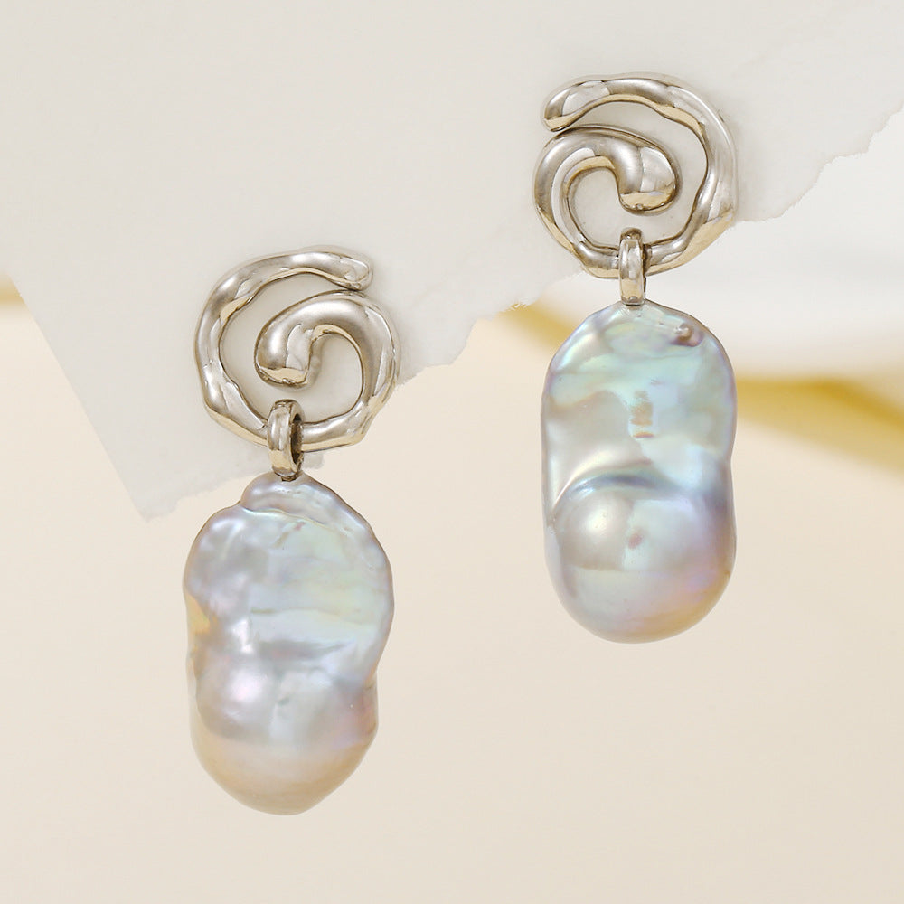 Natural Grey Baroque Pearl Spiral Irregular Earrings