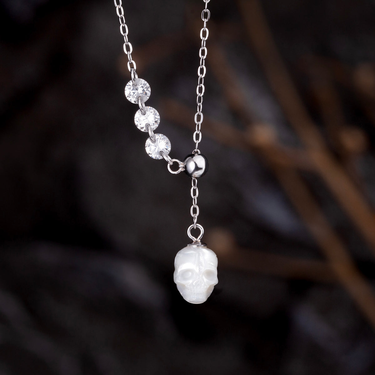 Asymmetrical Pearl Skull Cubic Zirconia CZ Pendant Necklace