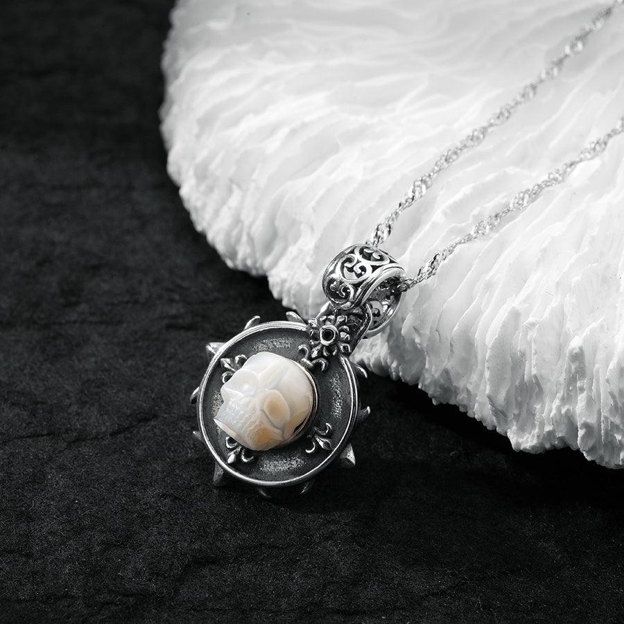 Baroque Carving Pearl Skull Royal Circle Shield Necklace