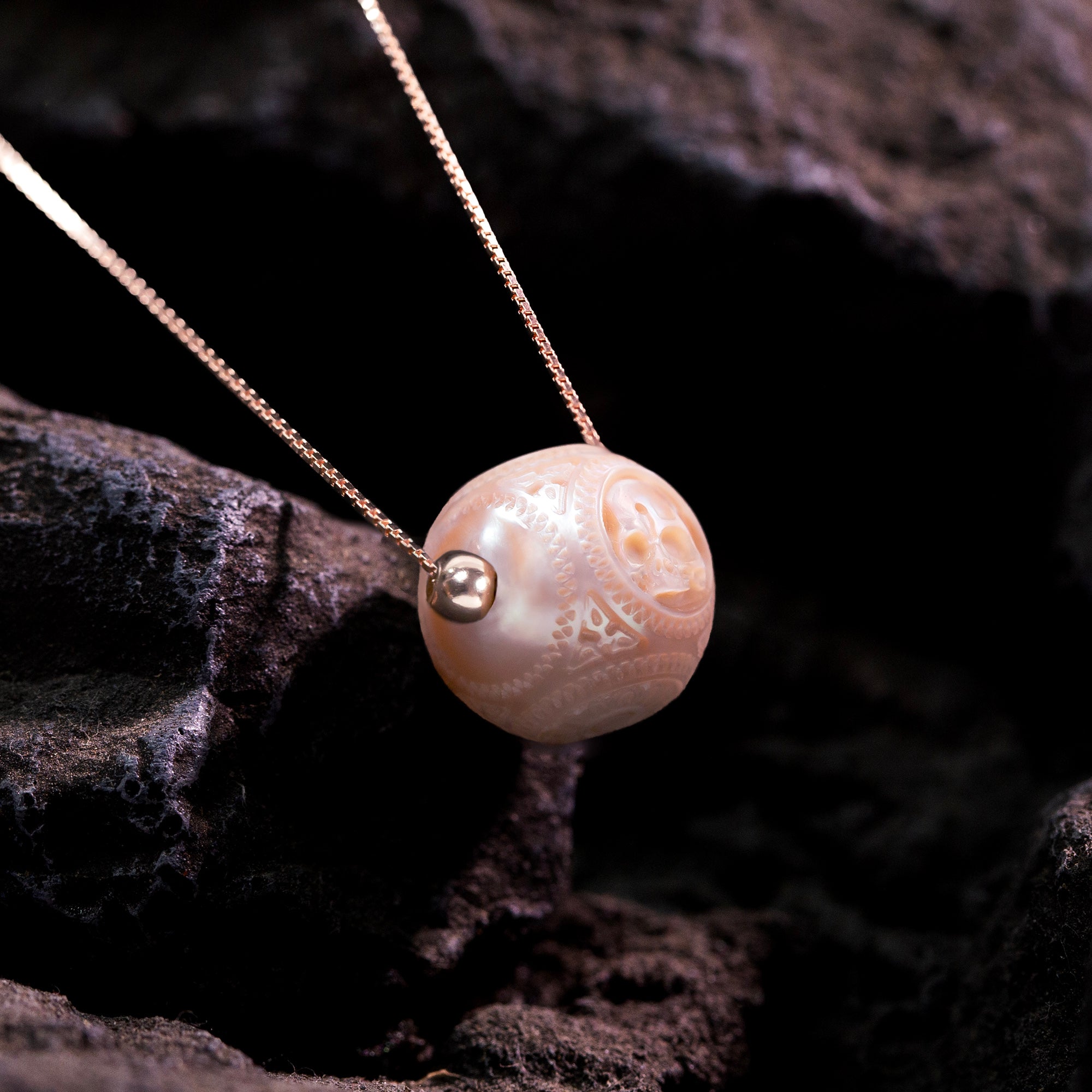 Pearl Carved Skull Round Bead Dainty Necklace