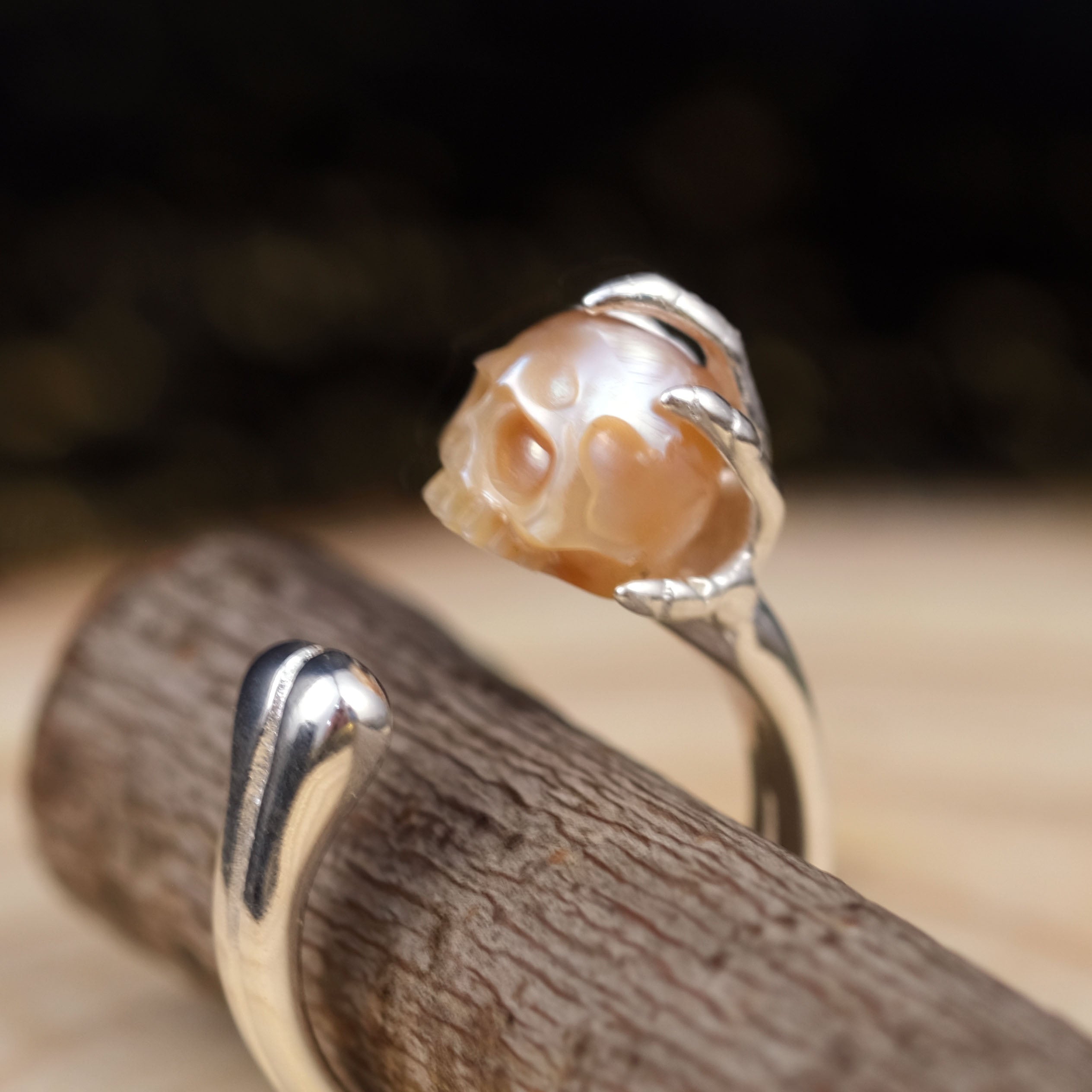 Pearl Cranium Skeleton Hand Bone Ring