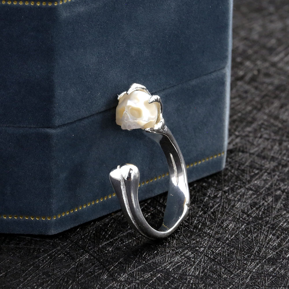 Pearl Cranium Skeleton Hand Bone Ring