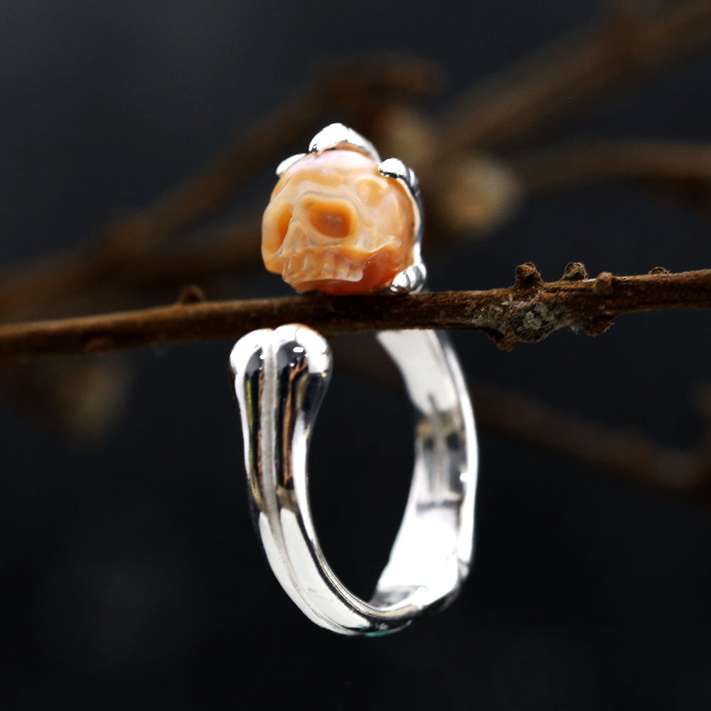Pearl Cranium Skeleton Hand Bone Ring