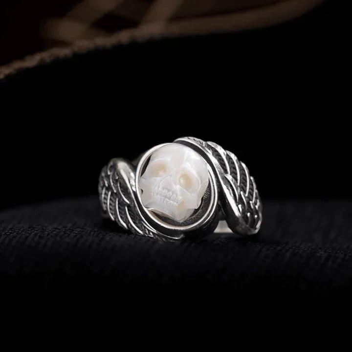 Belle Juri Pearl Skull Angel Wings Ring