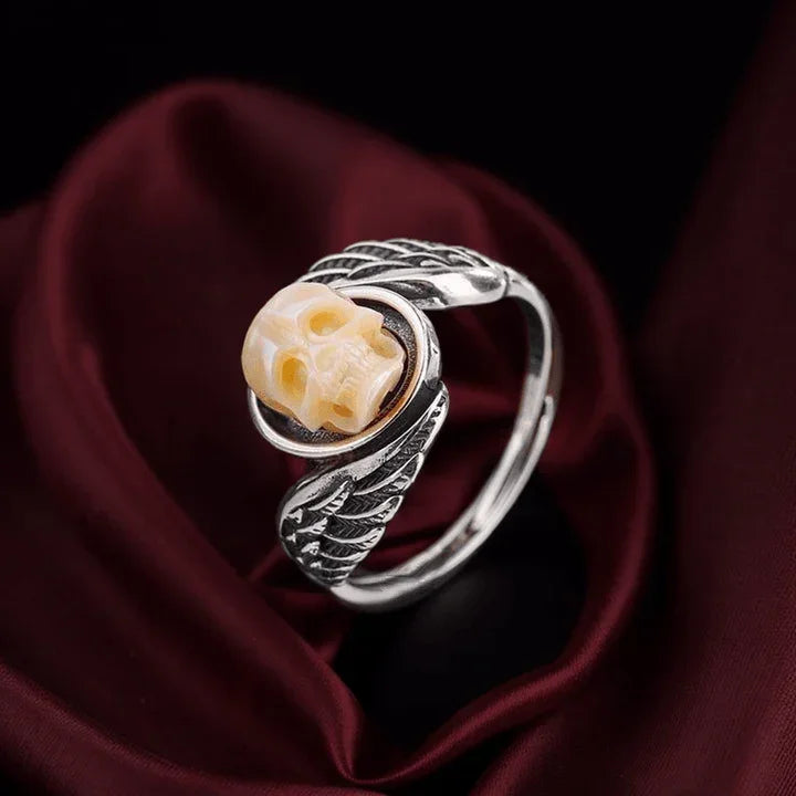 Belle Juri Pearl Skull Angel Wings Ring