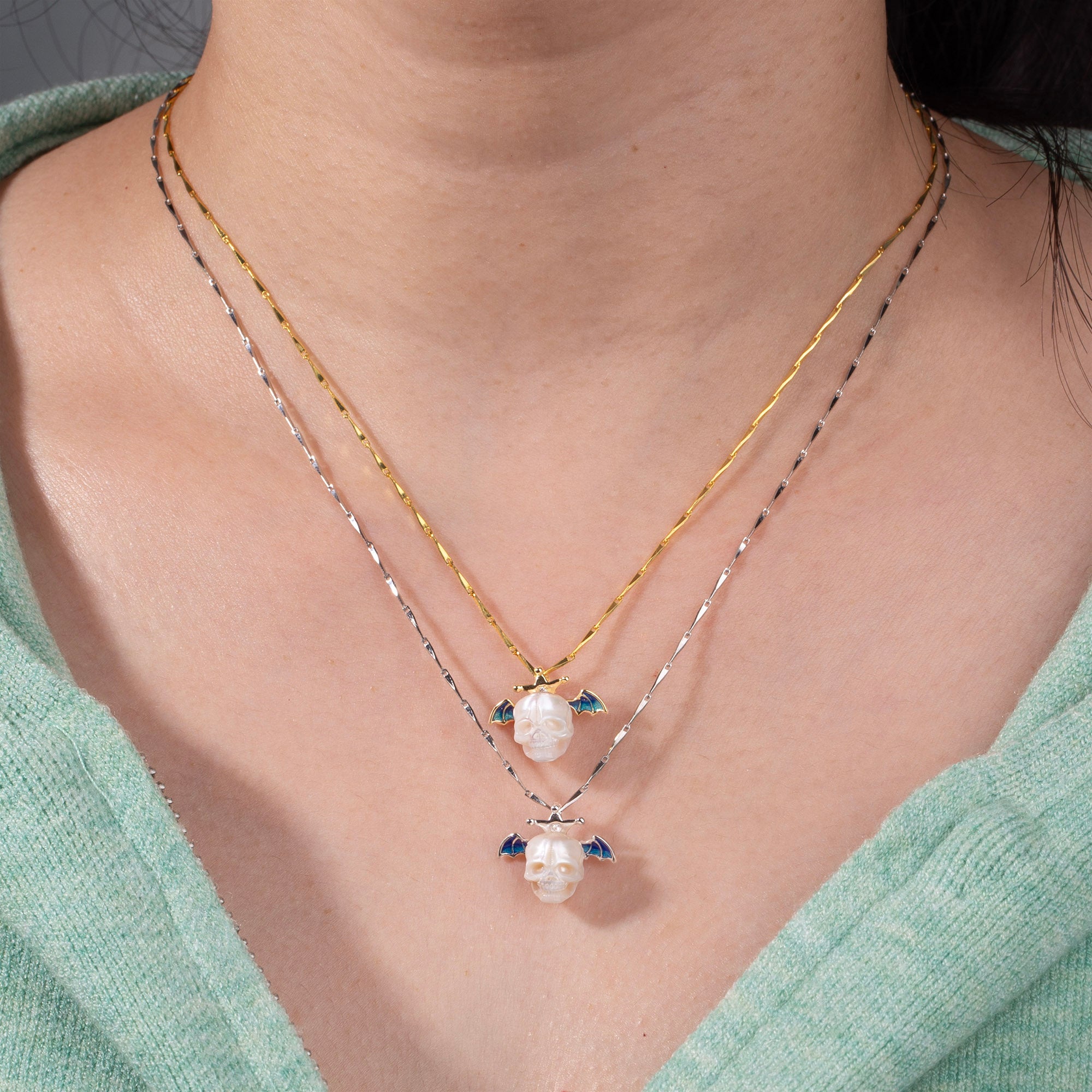 Pearl Skull Bat Melon Seed Chain Necklace