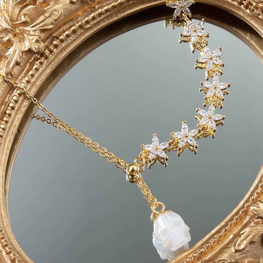 Belle Juri Pearl Skull Diamond Lily Gold Necklace