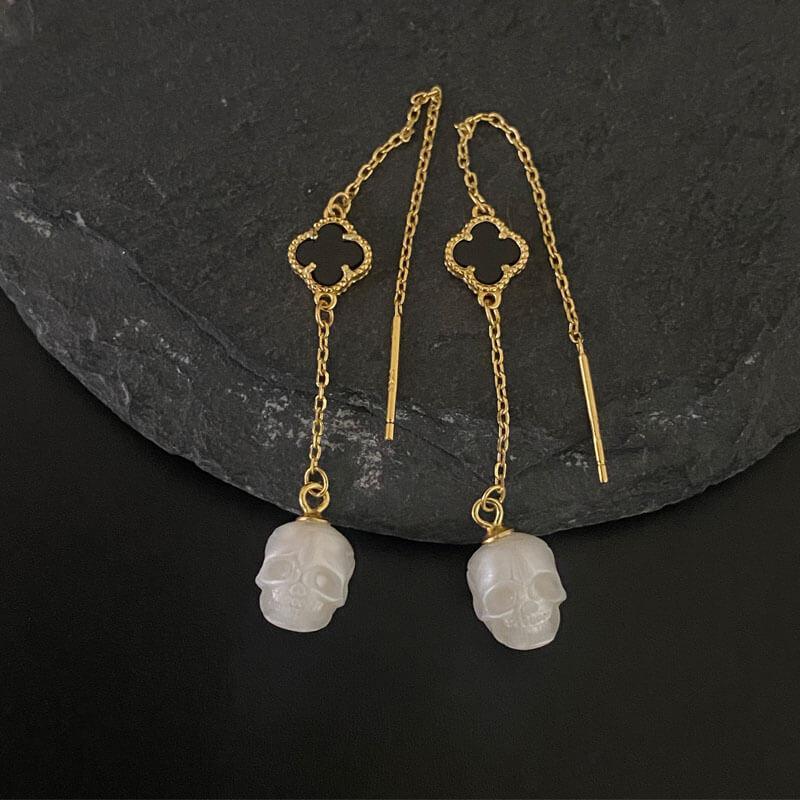 Belle Juri Pearl Skull Four Leaf Clover Threader Earrings