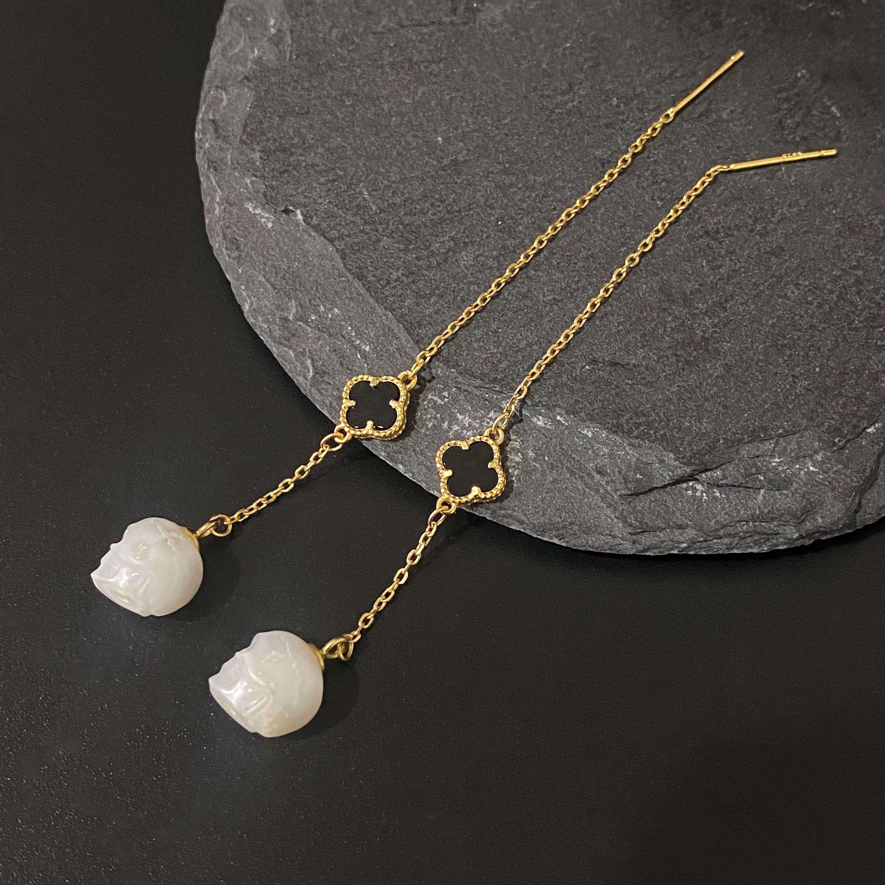 Belle Juri Pearl Skull Four Leaf Clover Threader Earrings