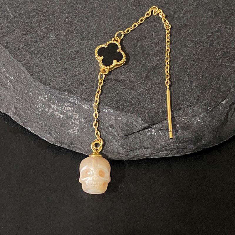 Belle Juri Pearl Skull Four Leaf Clover Threader Earrings