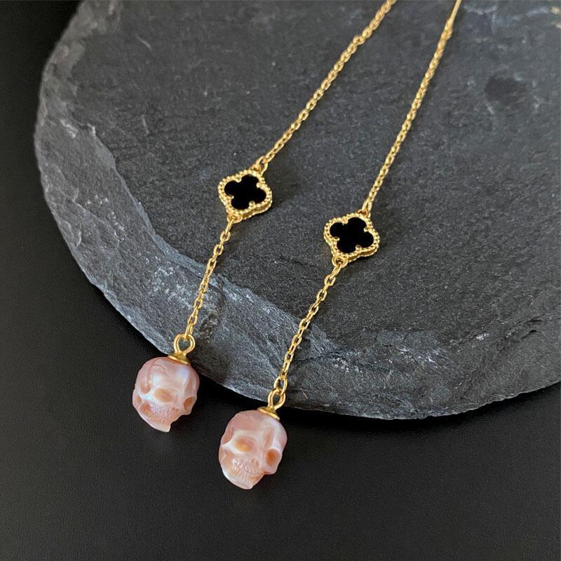 Belle Juri Pearl Skull Four Leaf Clover Threader Earrings