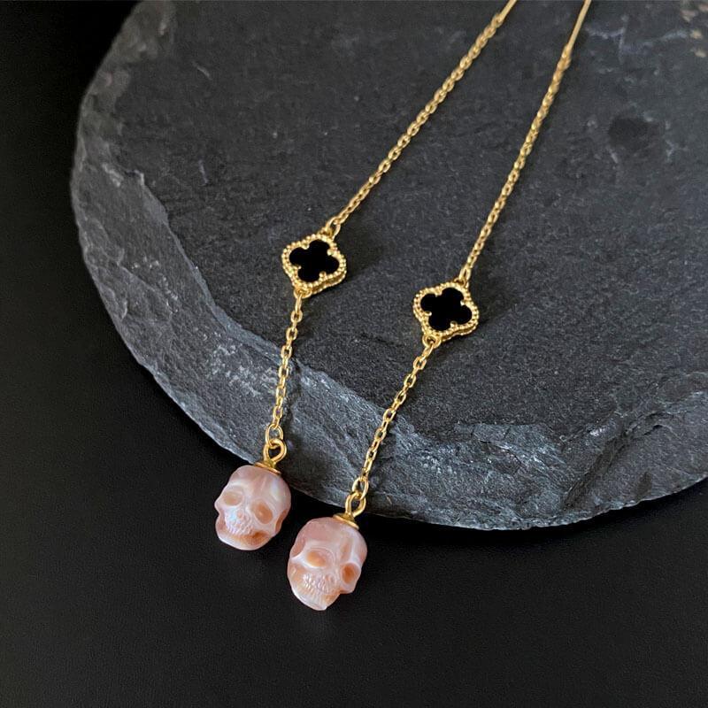 Belle Juri Pearl Skull Four Leaf Clover Threader Earrings
