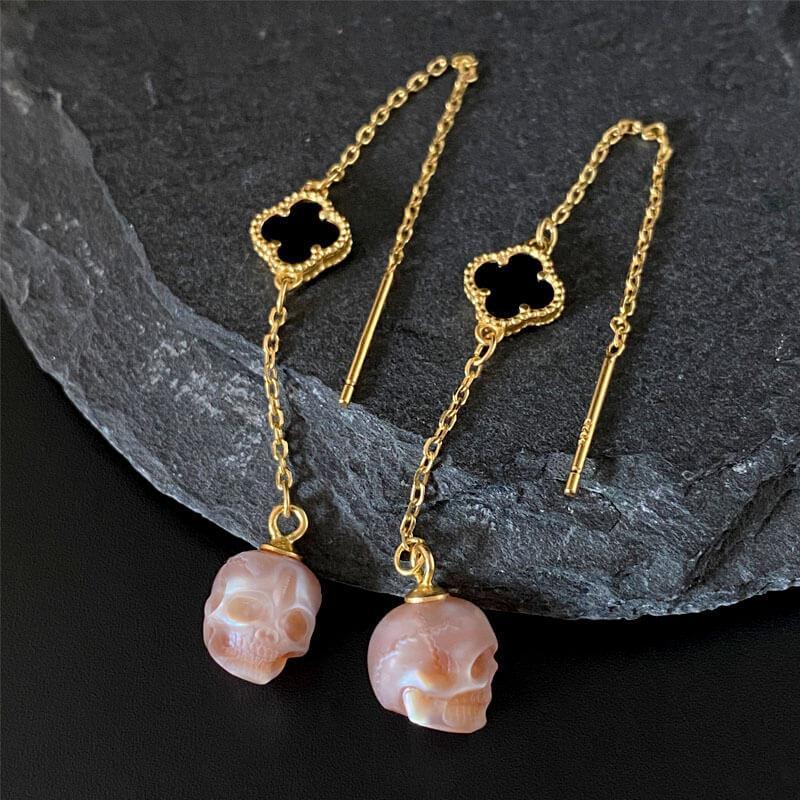 Belle Juri Pearl Skull Four Leaf Clover Threader Earrings
