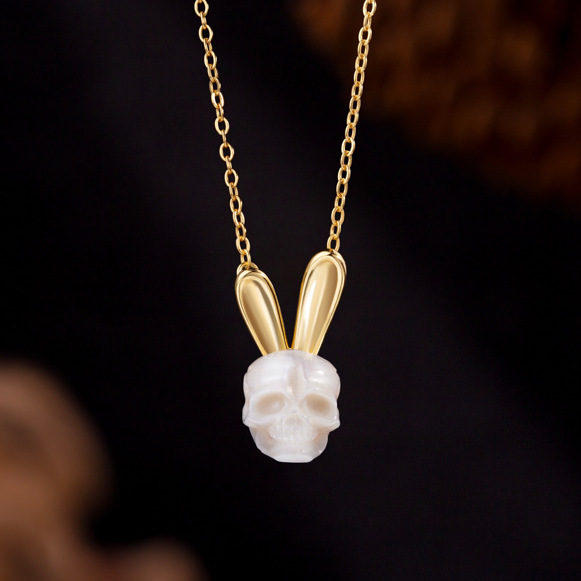 Pearl Skull Gold Bunny Ears Necklace