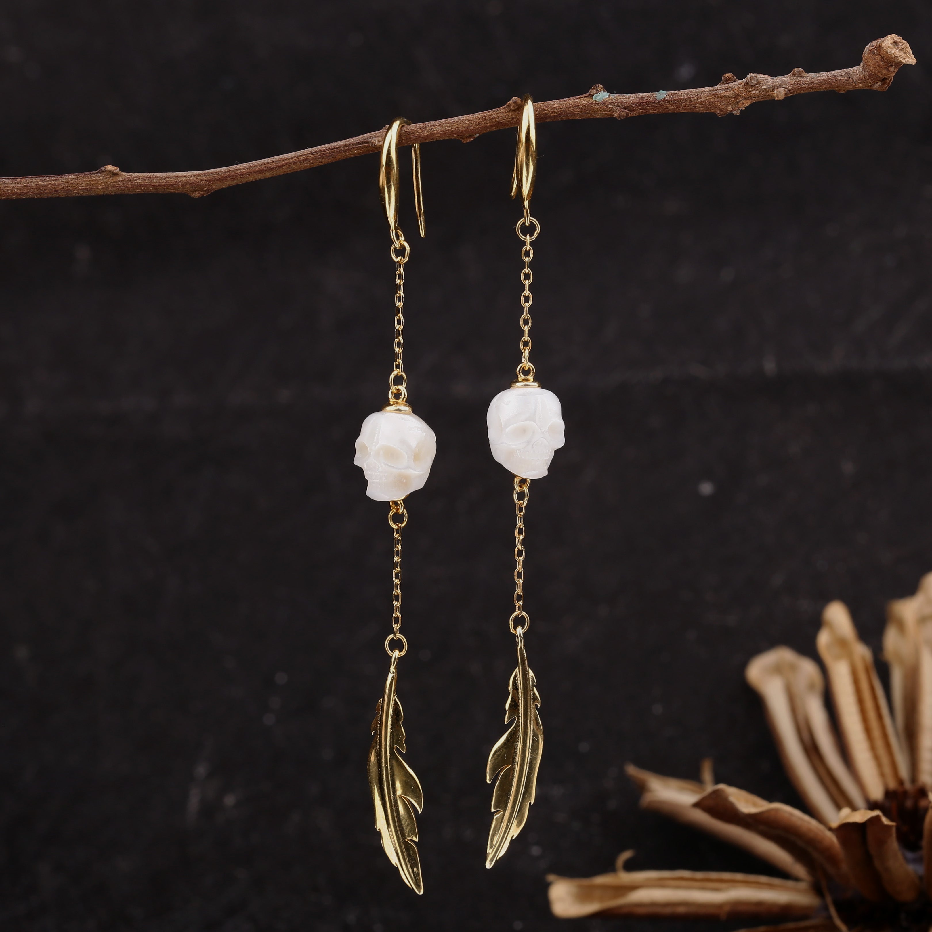 Pearl Skull Long Tassel Feather Earrings