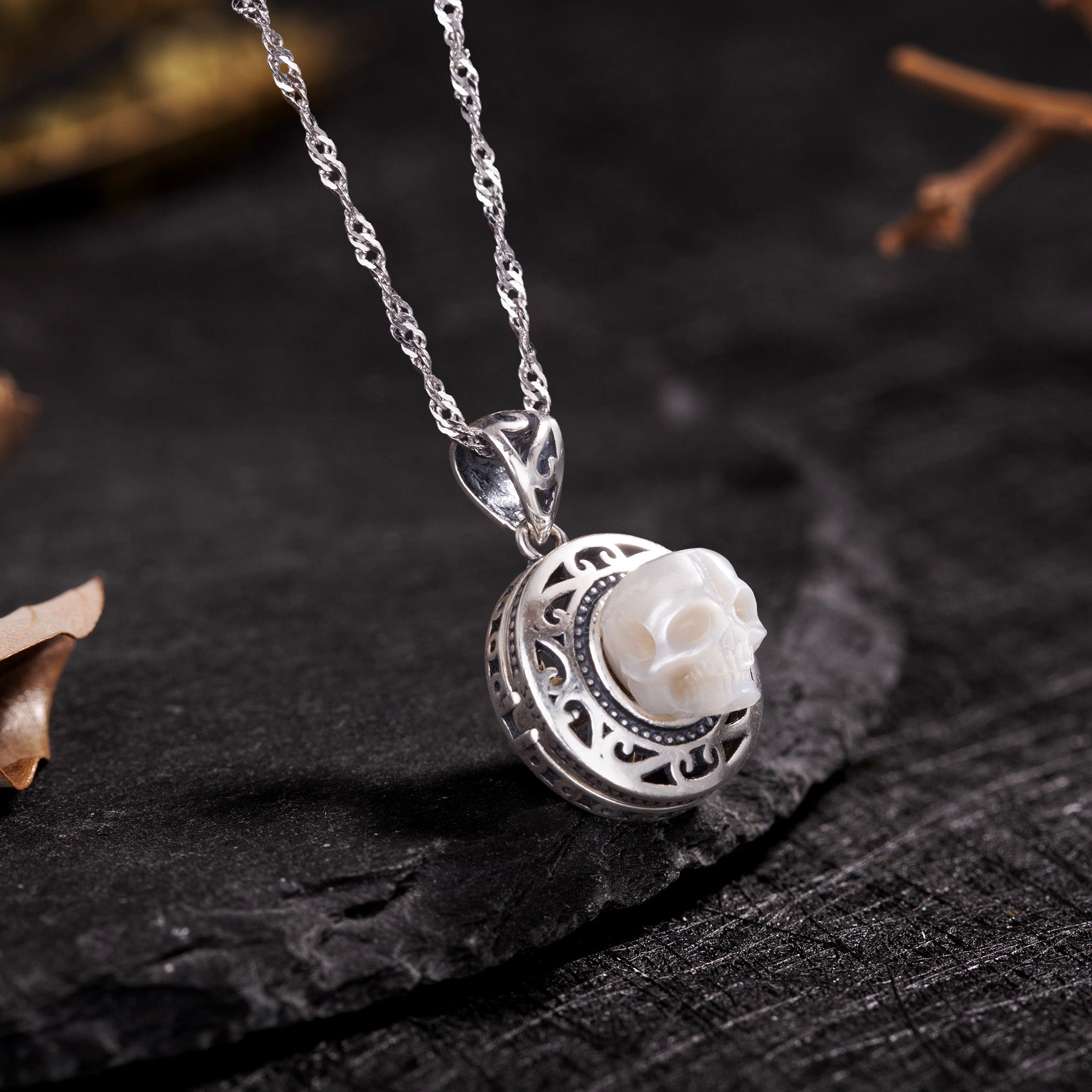 Pearl Skull Queen's Pillbox Locket Hollow Carved Necklace