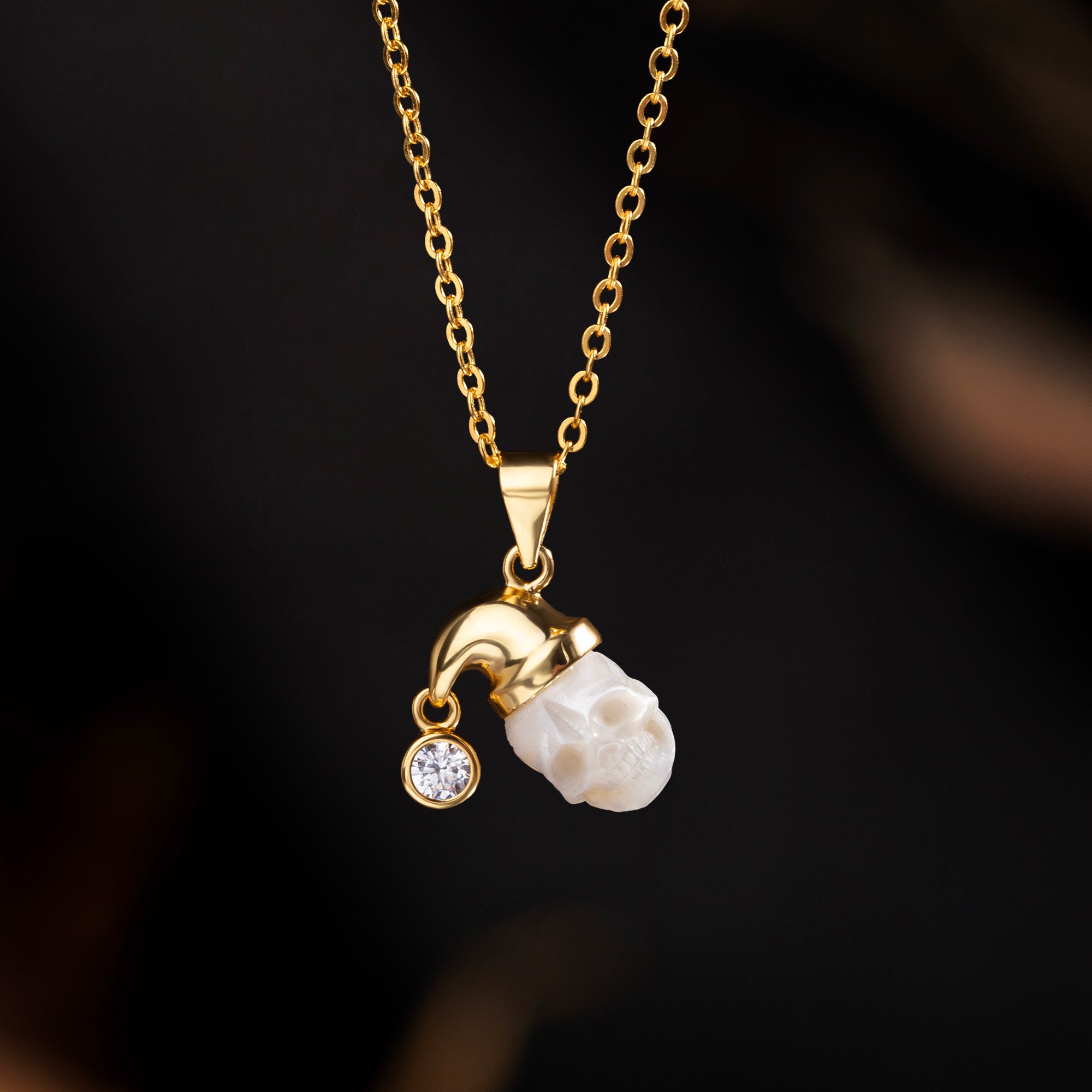 Pearl Skull Santa Hat CZ Pendant Necklace