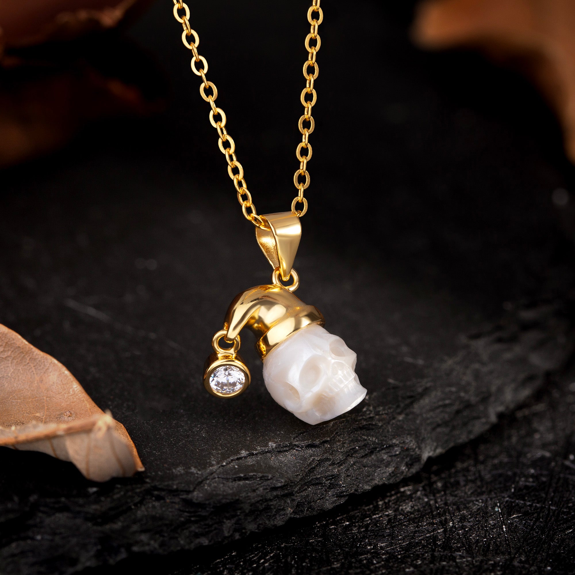 Pearl Skull Santa Hat CZ Pendant Necklace