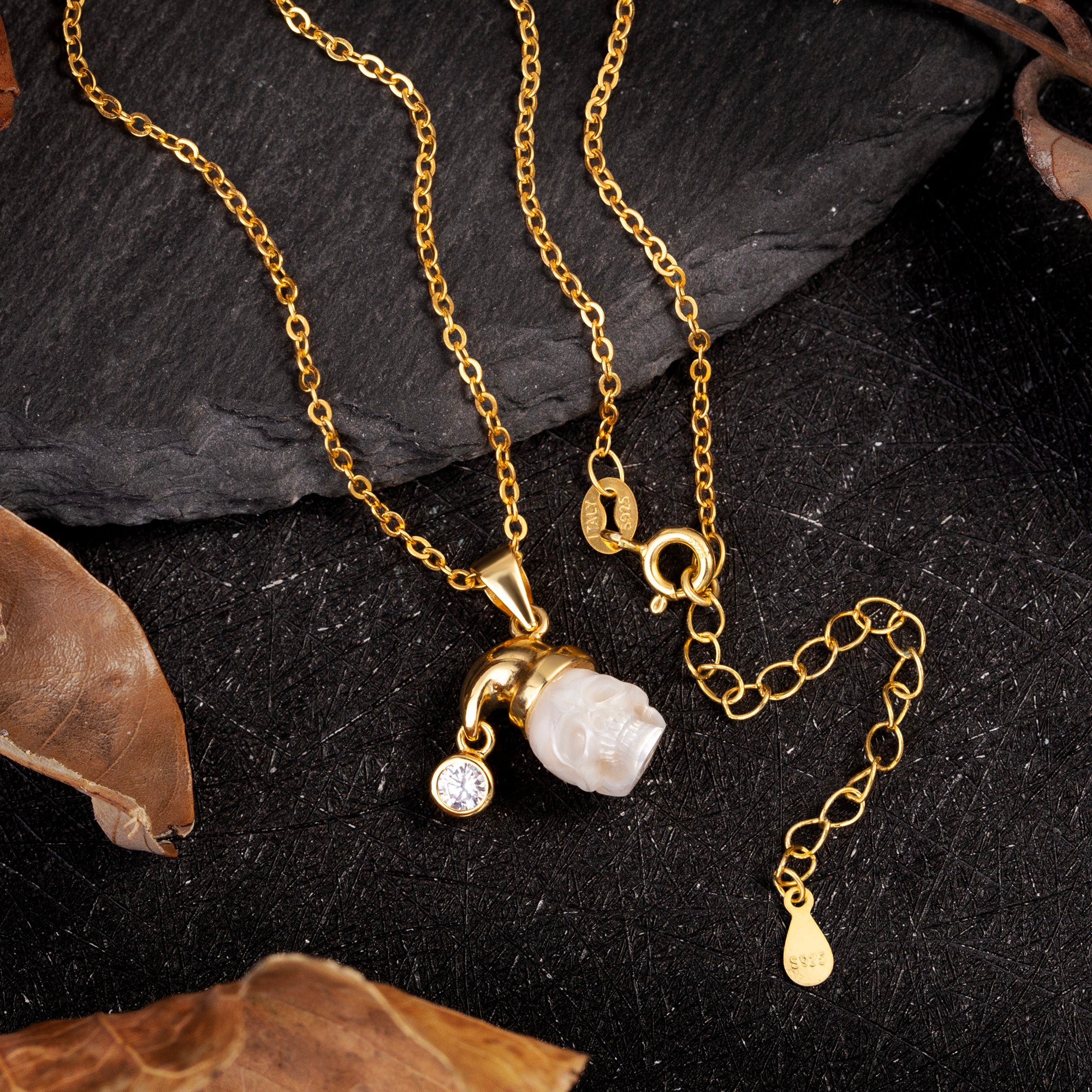 Pearl Skull Santa Hat CZ Pendant Necklace