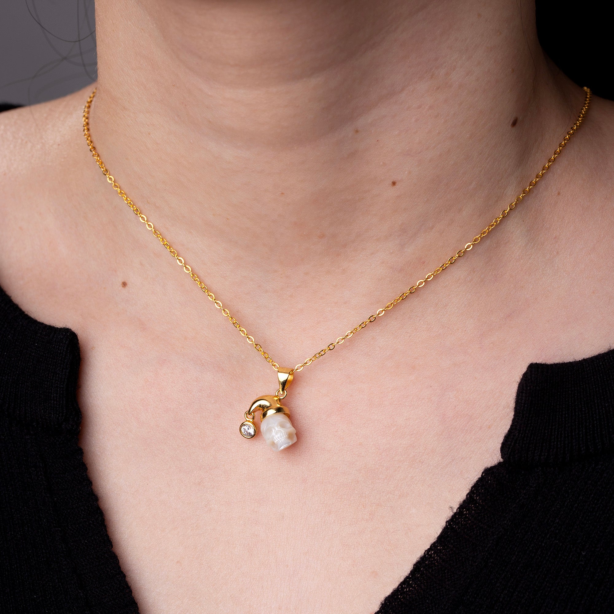 Pearl Skull Santa Hat CZ Pendant Necklace