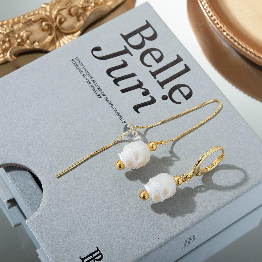 Belle Juri Pearl Skull Simple Hoop Clasp & Threader Earrings