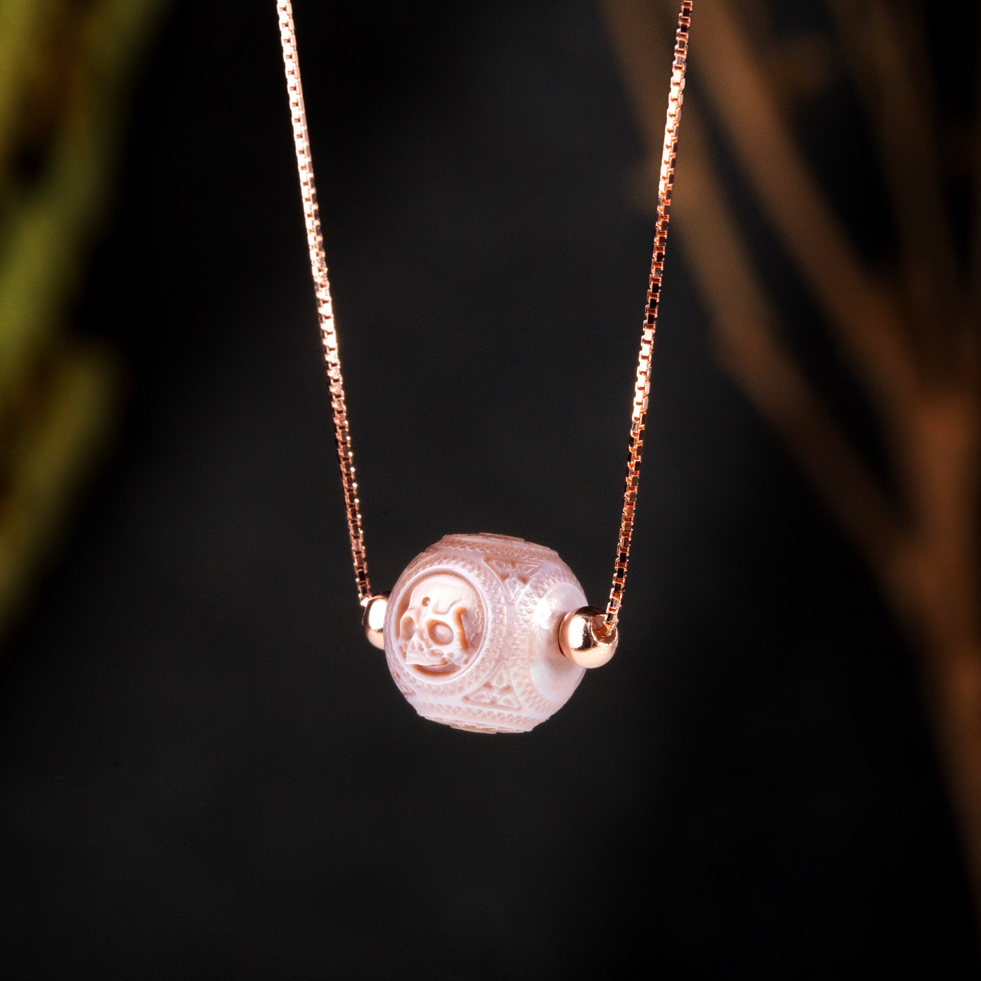 Pearl Carved Skull Round Bead Dainty Necklace
