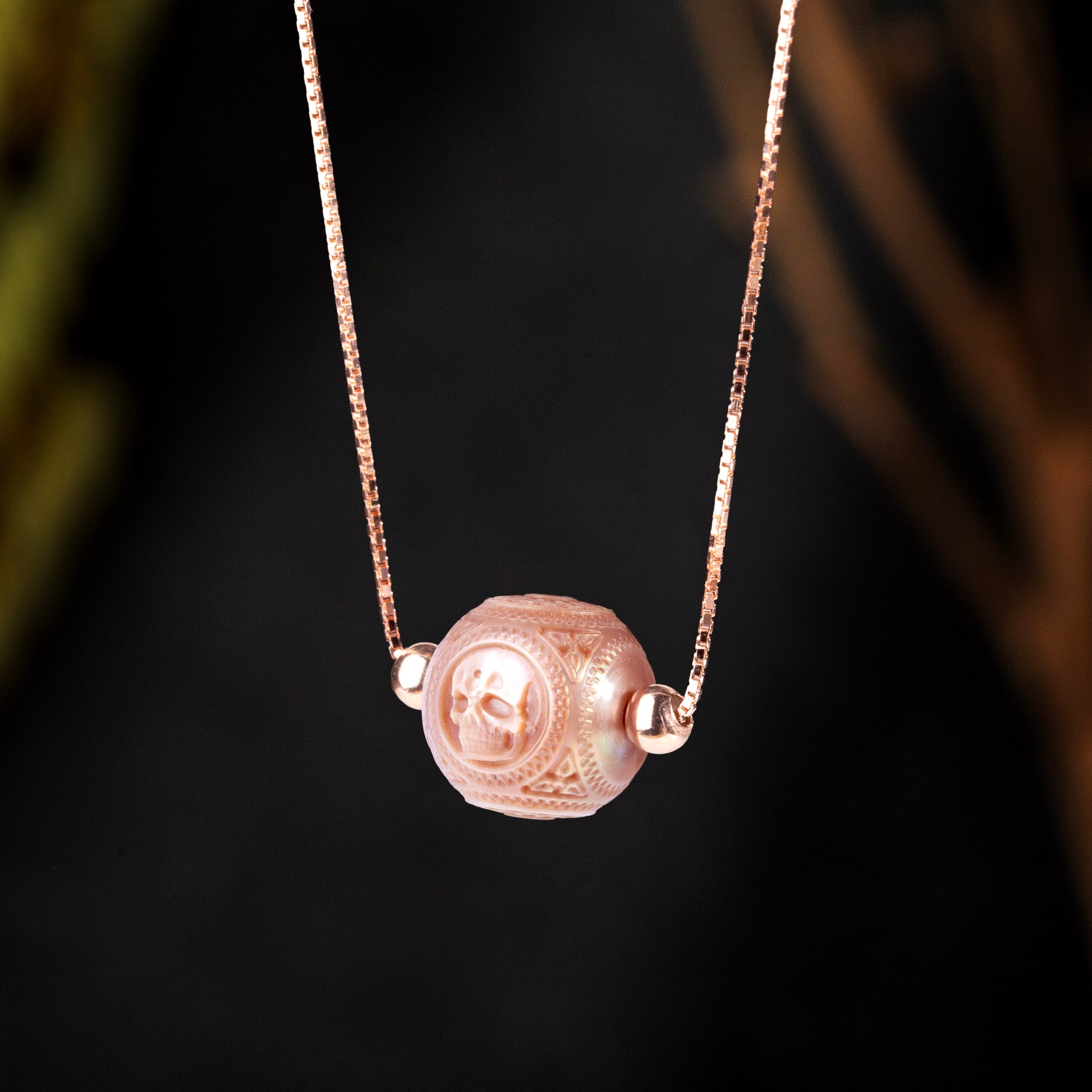 Pearl Carved Skull Round Bead Dainty Necklace