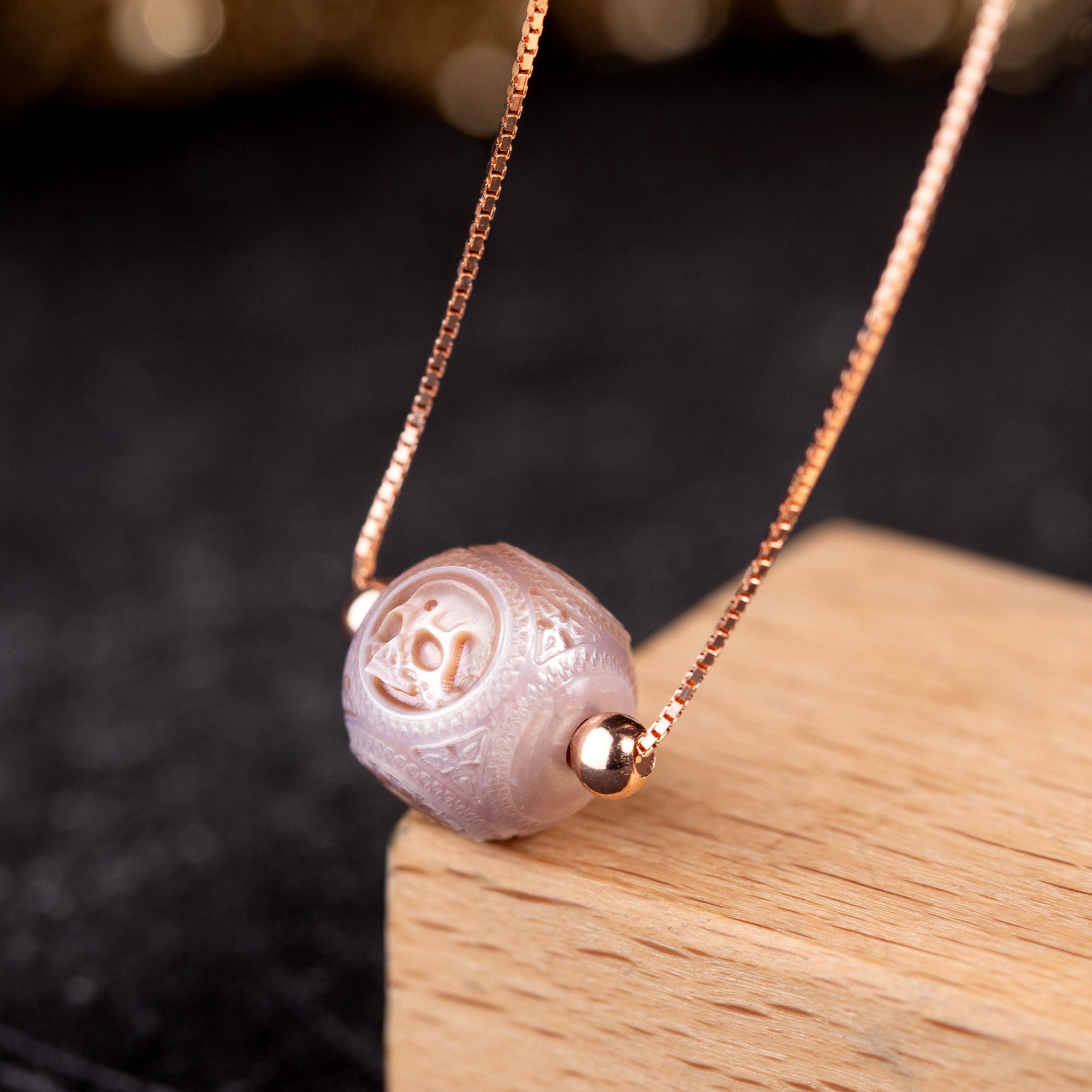Pearl Carved Skull Round Bead Dainty Necklace