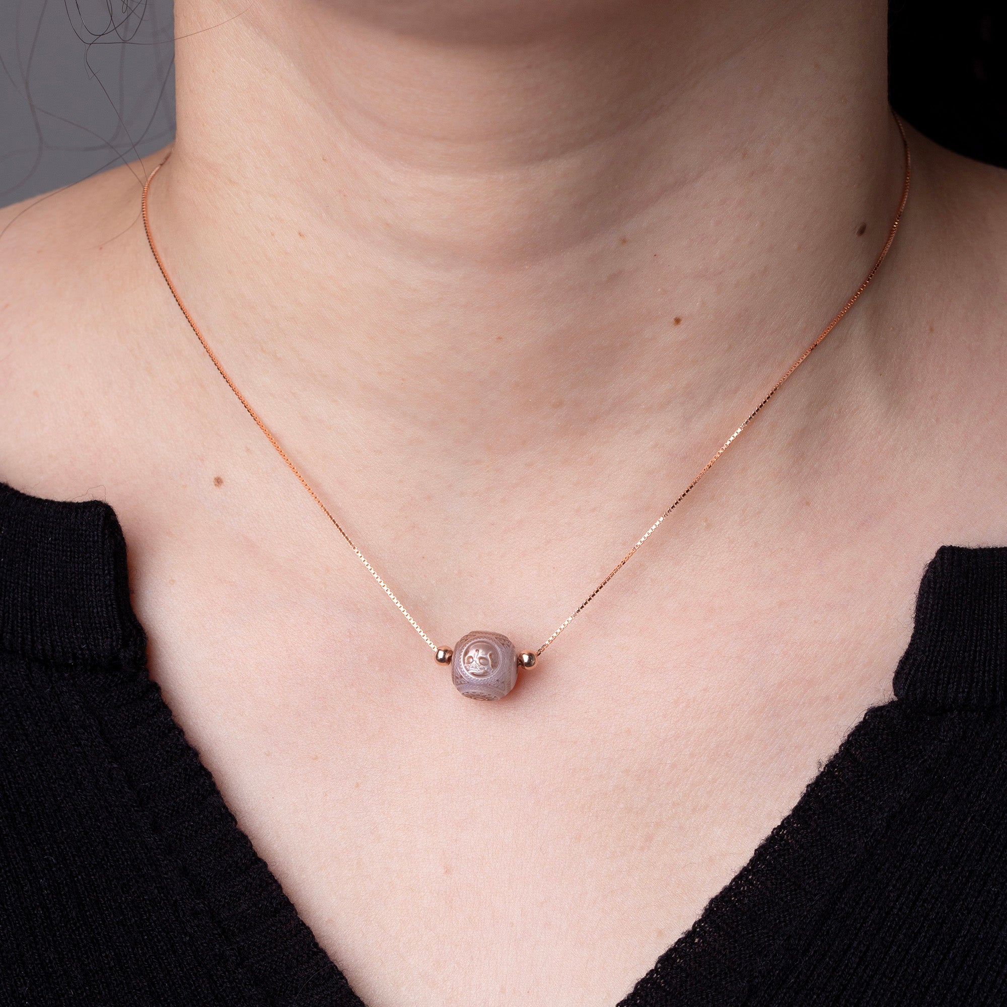 Pearl Carved Skull Round Bead Dainty Necklace