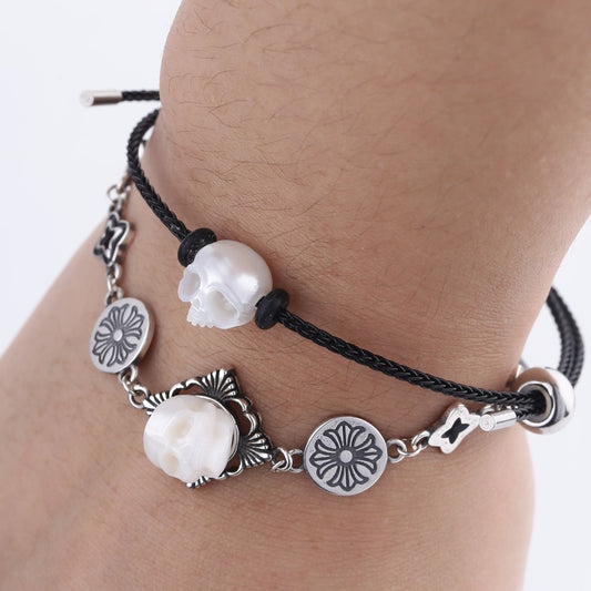 Pearl Skull Black Rope Bracelet