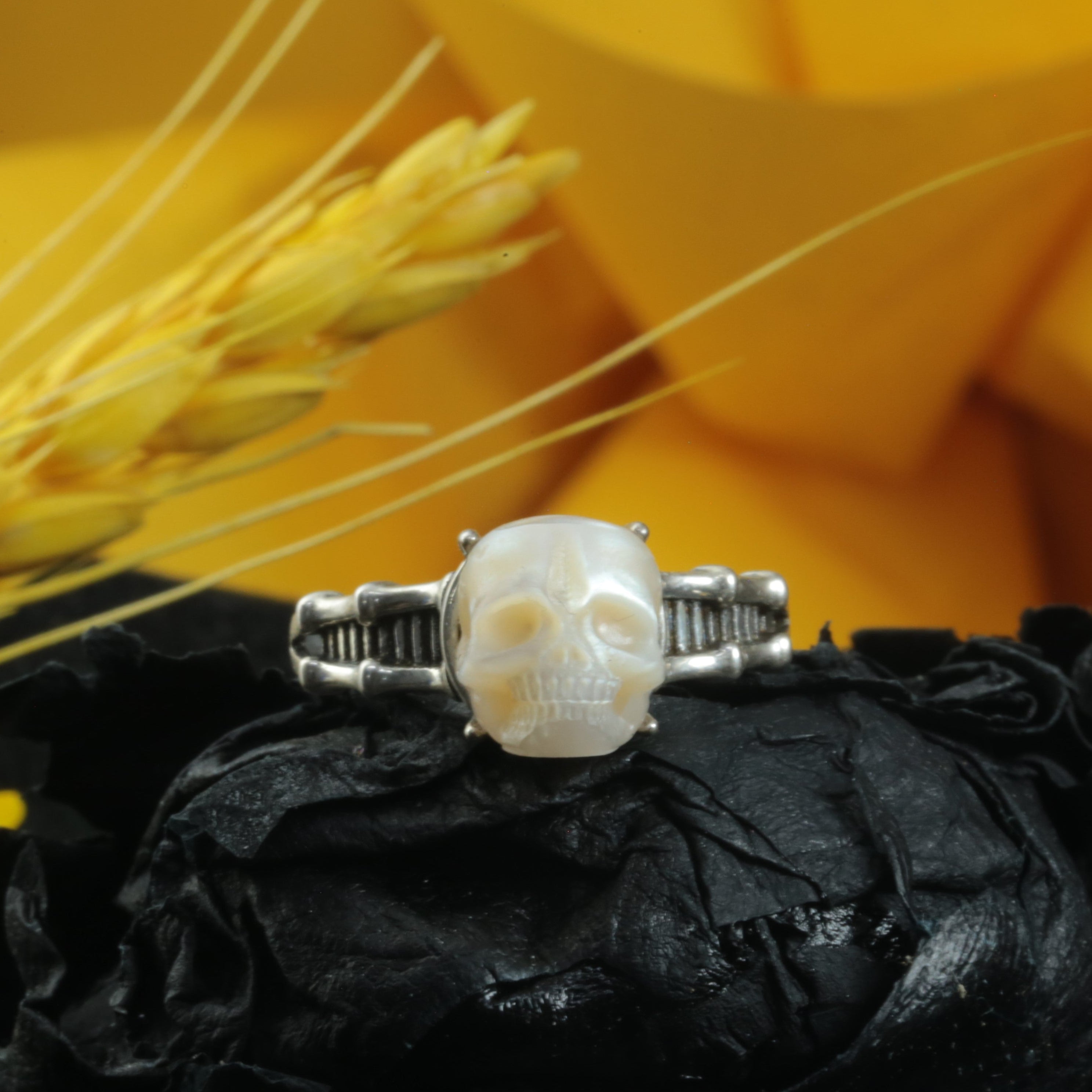 Pearl Skull Sterling Silver Spine Ring Band
