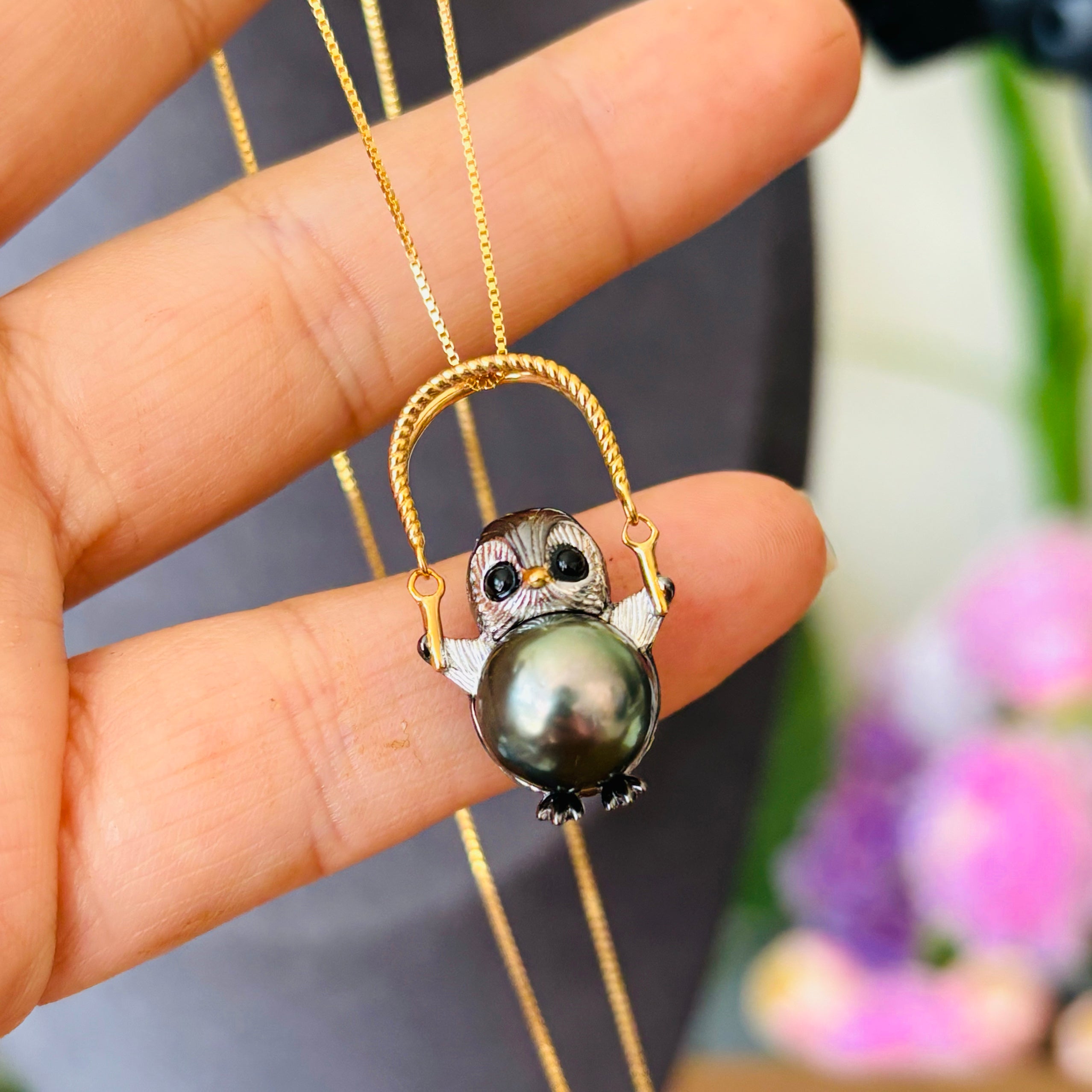 Playful Skipping Penguin Tahitian Pearl Necklace