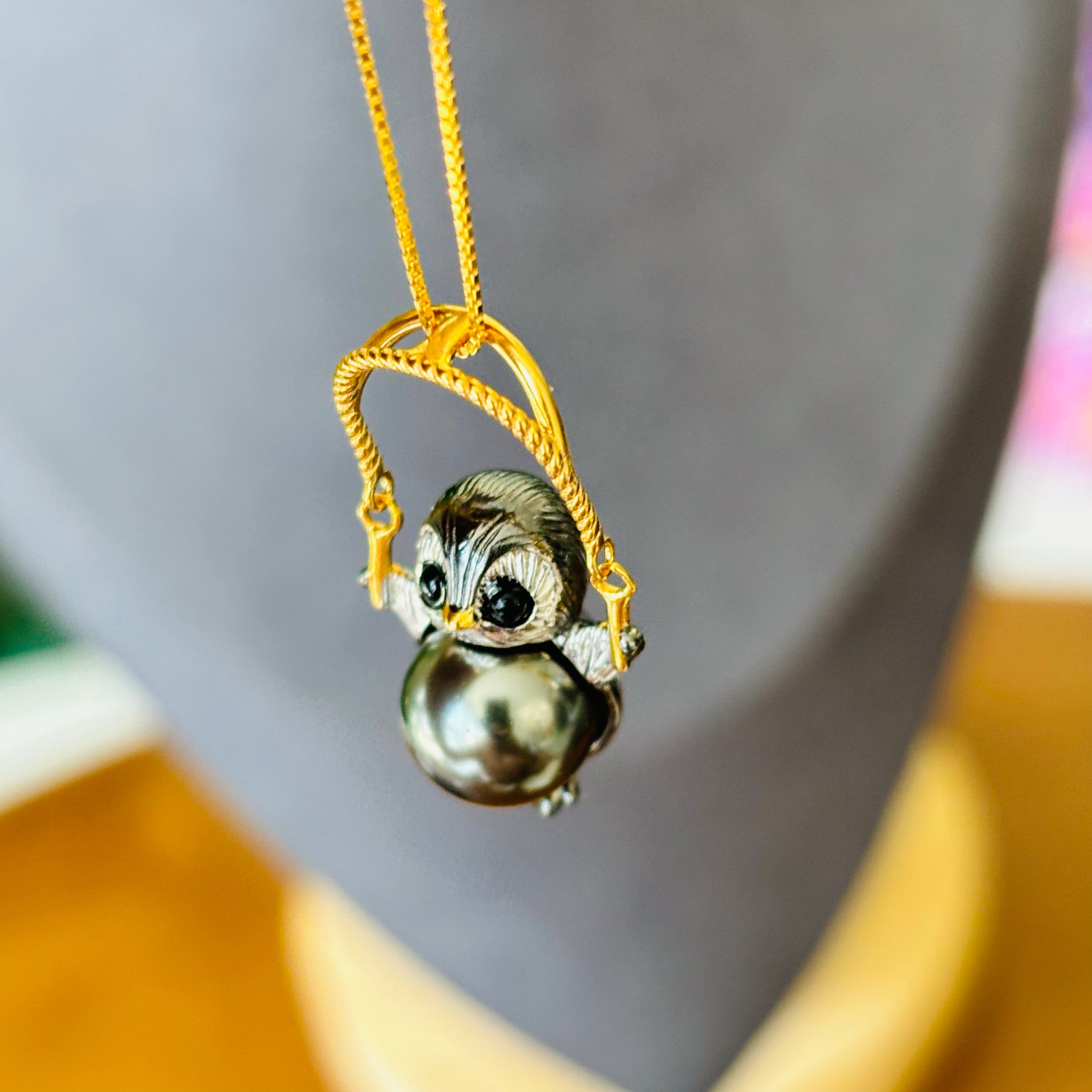 Playful Skipping Penguin Tahitian Pearl Necklace