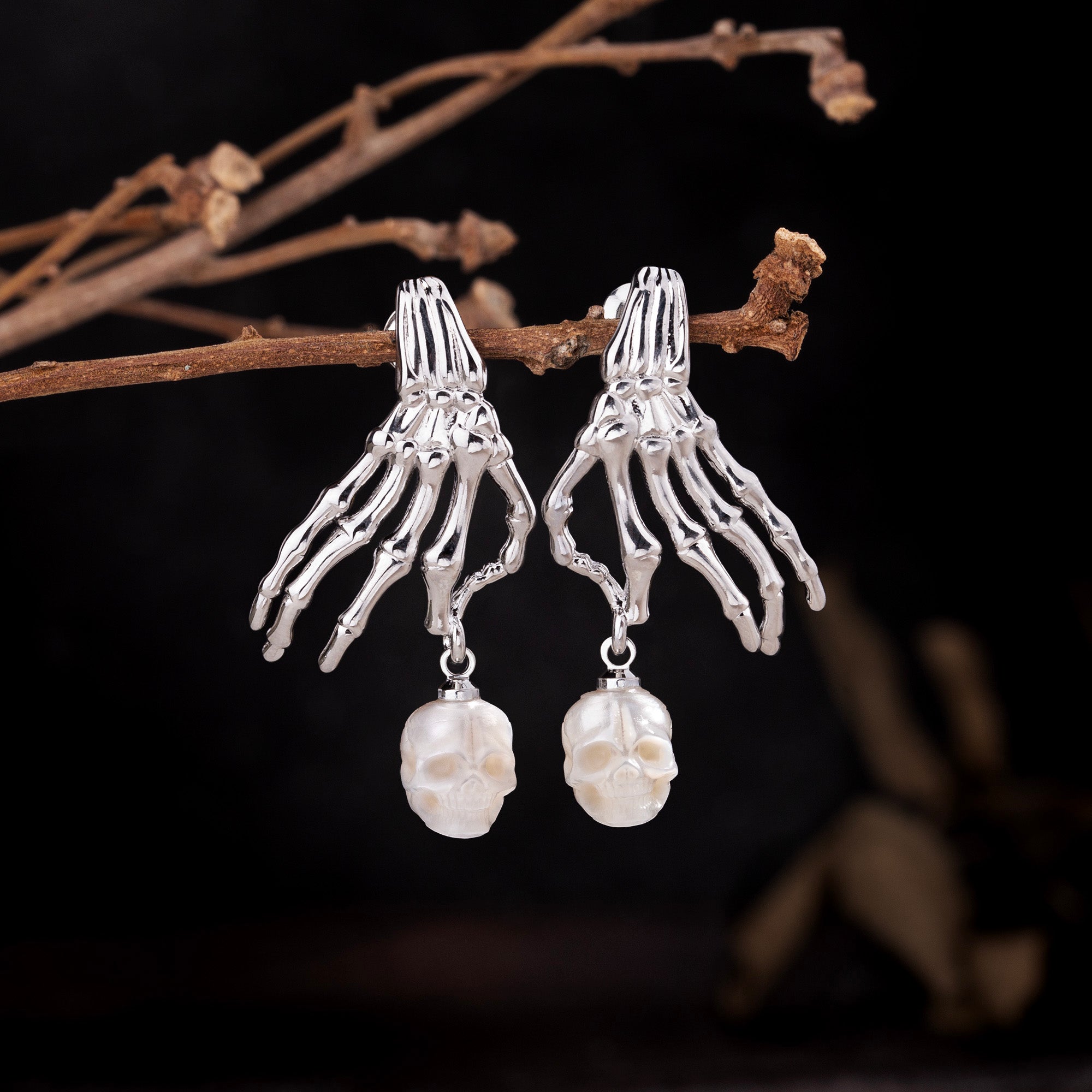 Punk Skeleton Hand Pearl Skull Dangle Earrings
