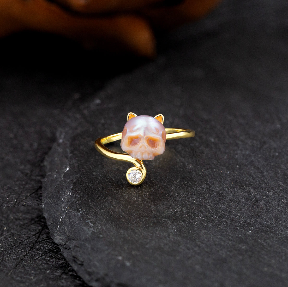 Cubic Zirconia Pearl Skull Cat Ring