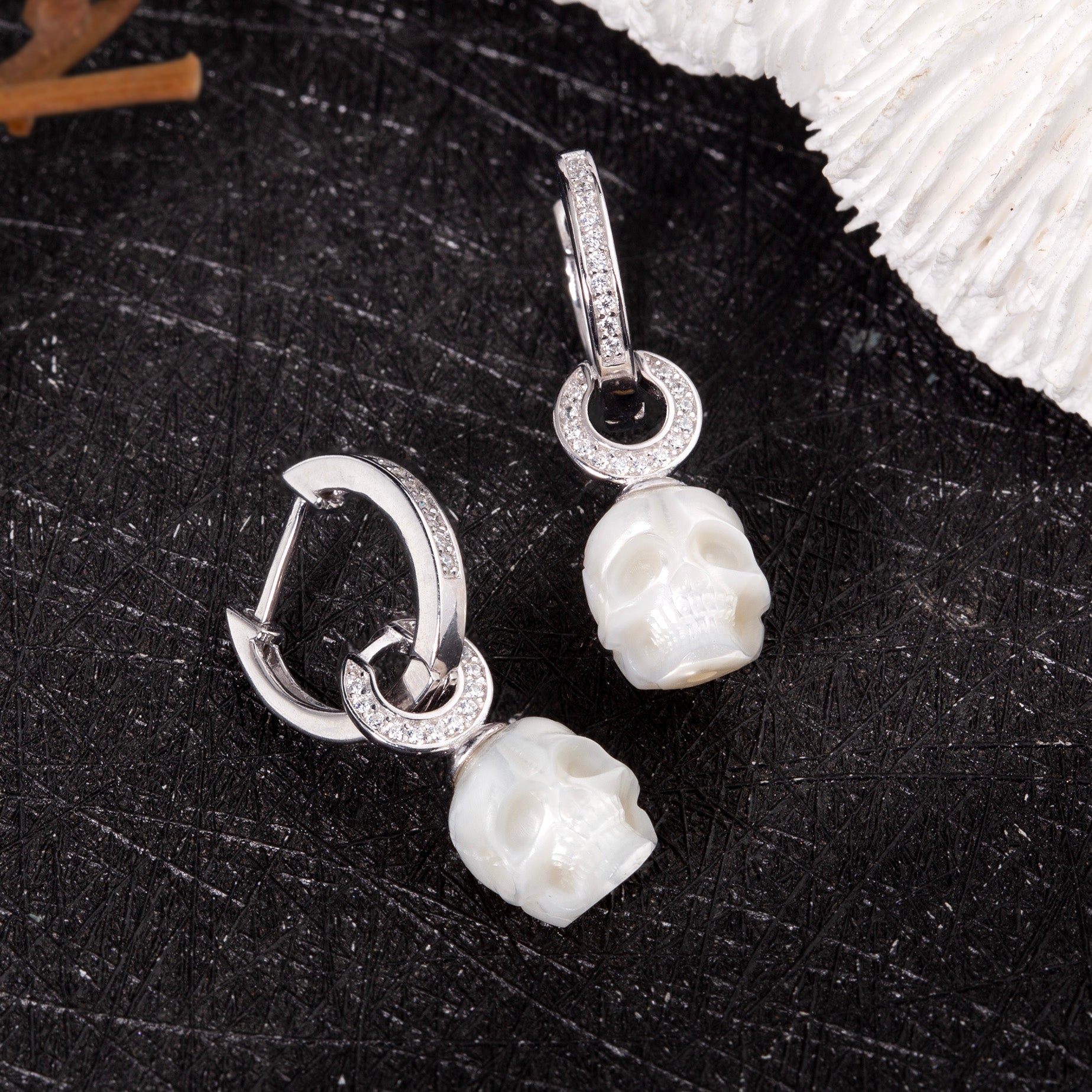 Silver Hoop U-Shaped Zircon Skull Pendant Earrings