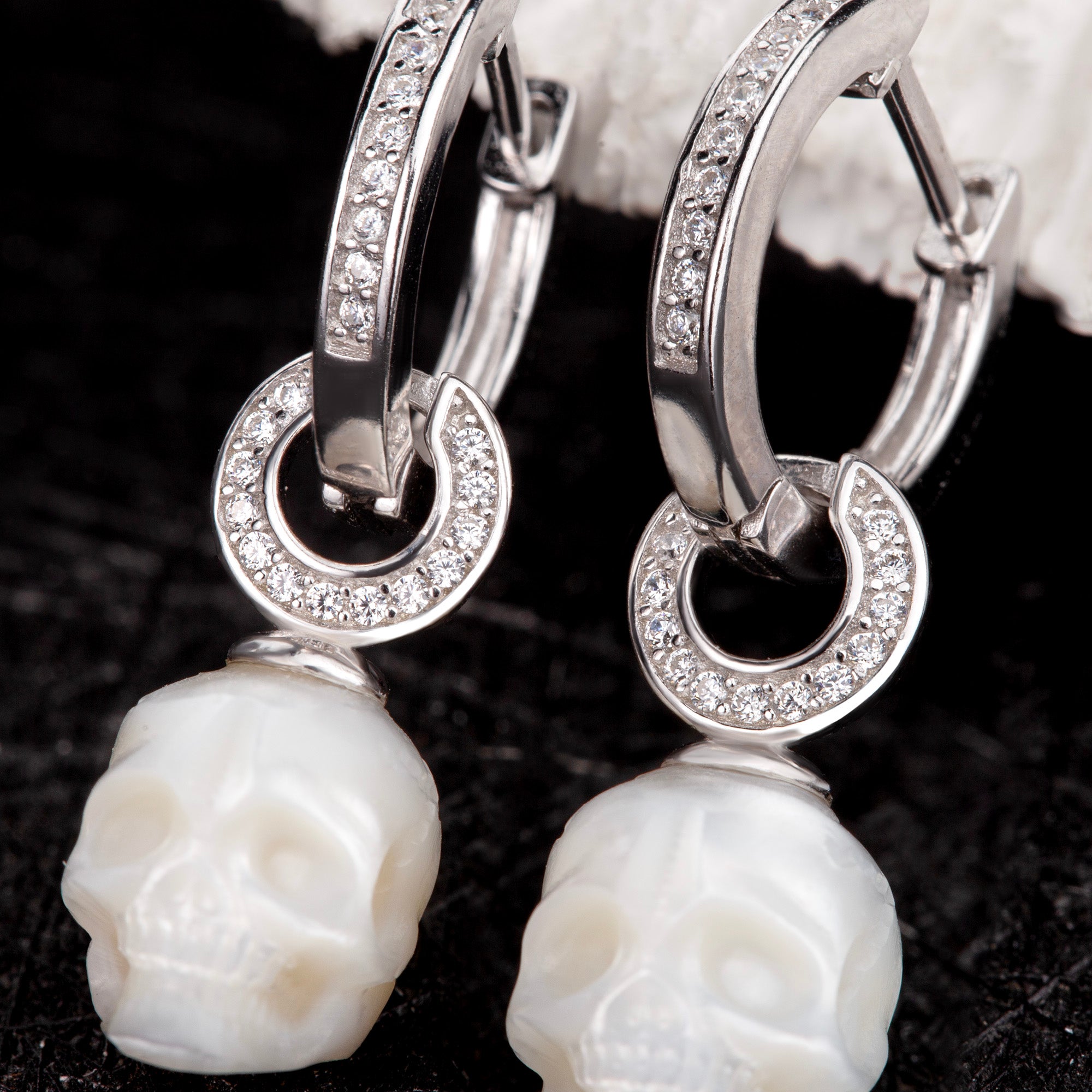 Silver Hoop U-Shaped Zircon Skull Pendant Earrings