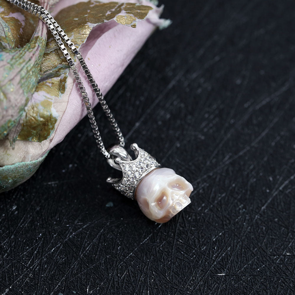 Silver Zircon Crown Pearl Skull Charm Necklace