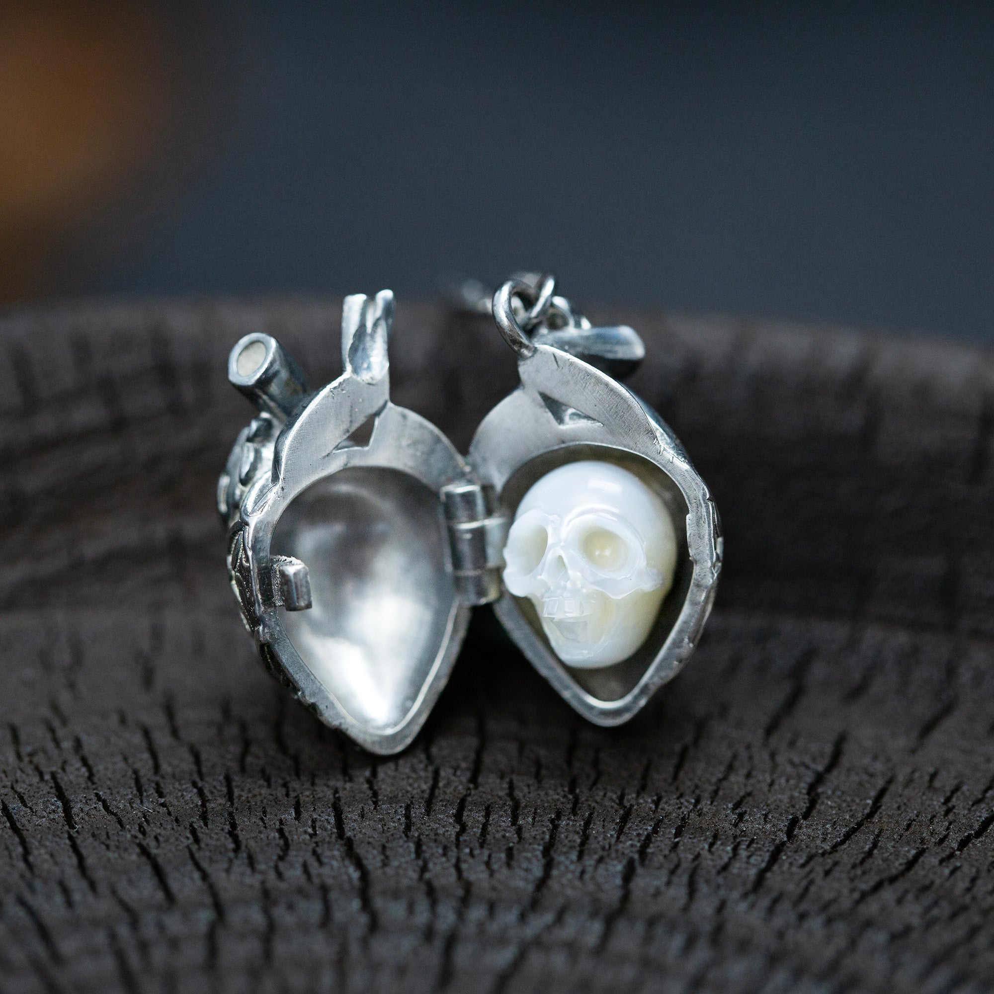 Soul in the Depths Openable Anatomical Heart Pearl Skull Necklace