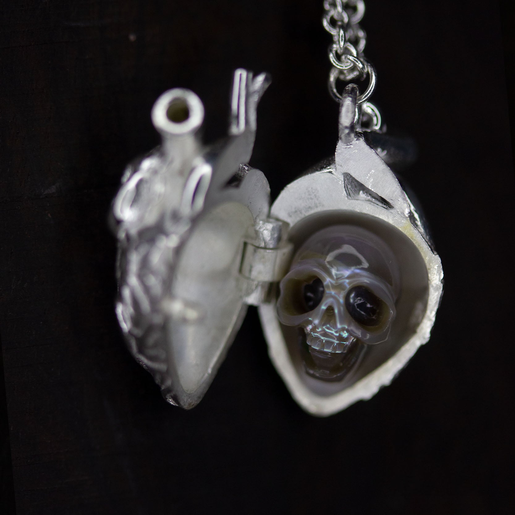 Soul in the Depths Openable Anatomical Heart Pearl Skull Necklace