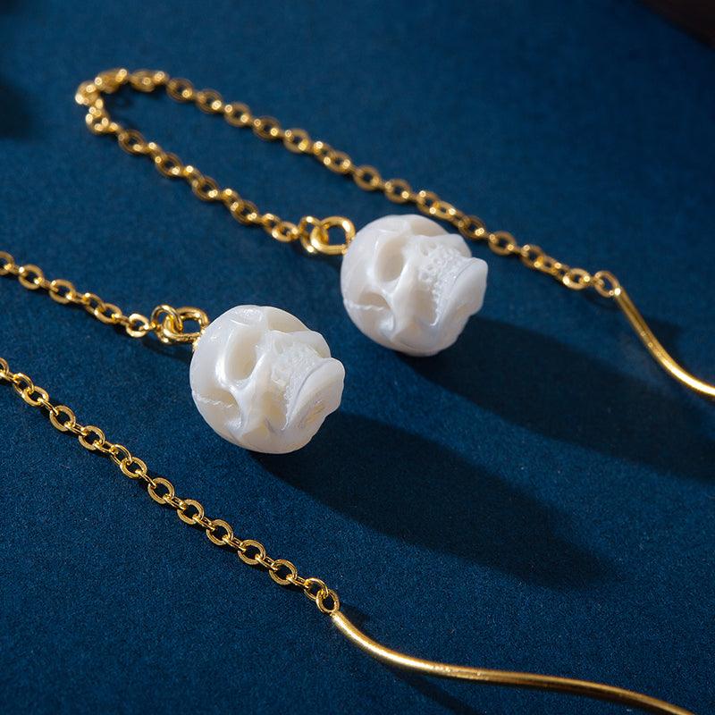 Squiggle Pearl Skull Threader Earrings - Belle Juri